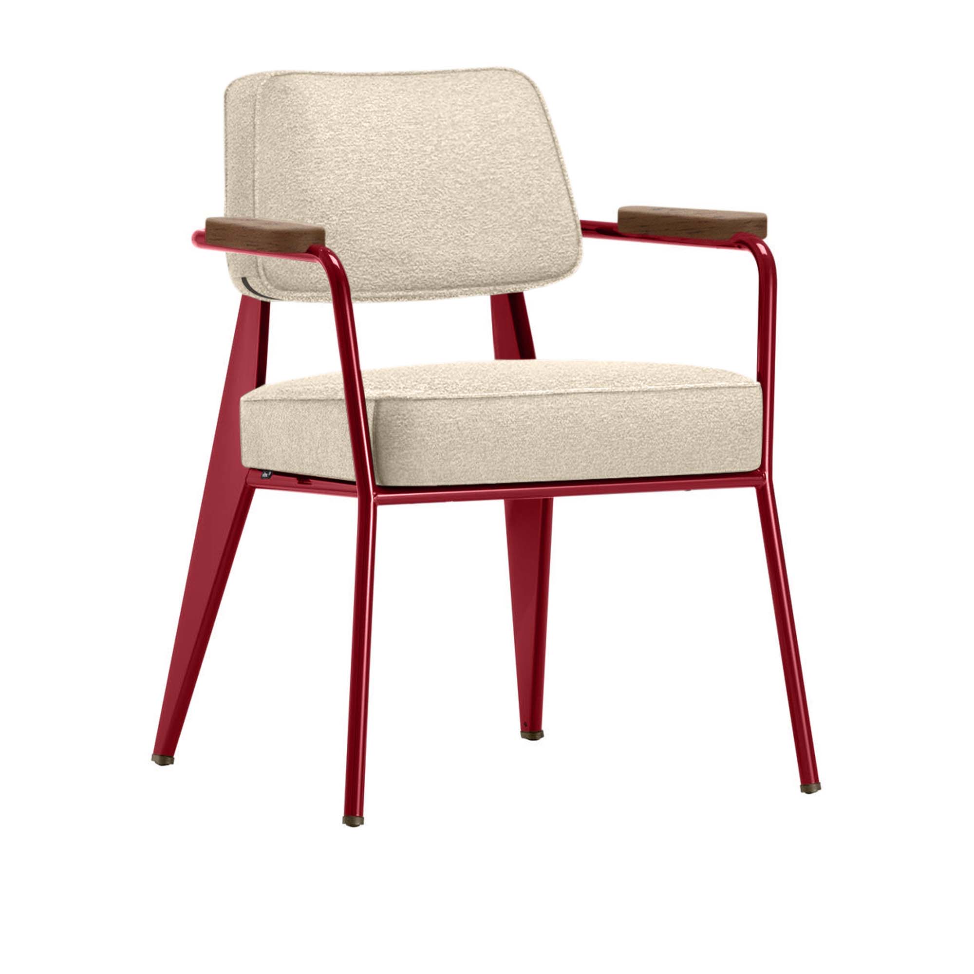 Vitra - Fauteuil Direction, Walnut, Base Japanese RedFabric Cat. F100 Nubia Col. 02 Cream/Perle - Matstolar - Jean Prouvé - Beige - Metall/Trä/Textilmaterial/Skum