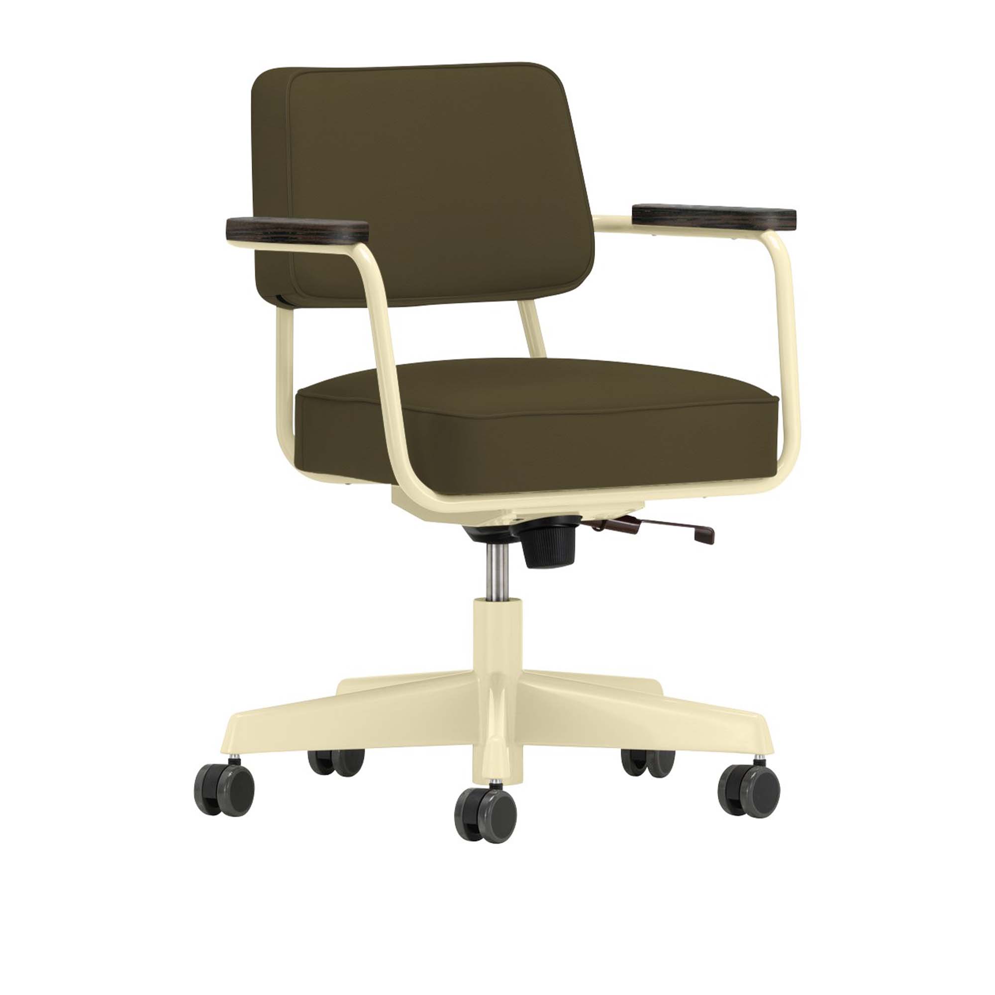Vitra - Fauteuil Direction Pivotant, Base Ecru, Dark Oak, Leather Premium Cat. L40 Col. 58 Khaki - Skrivbordsstolar - Jean Prouvé - Grön