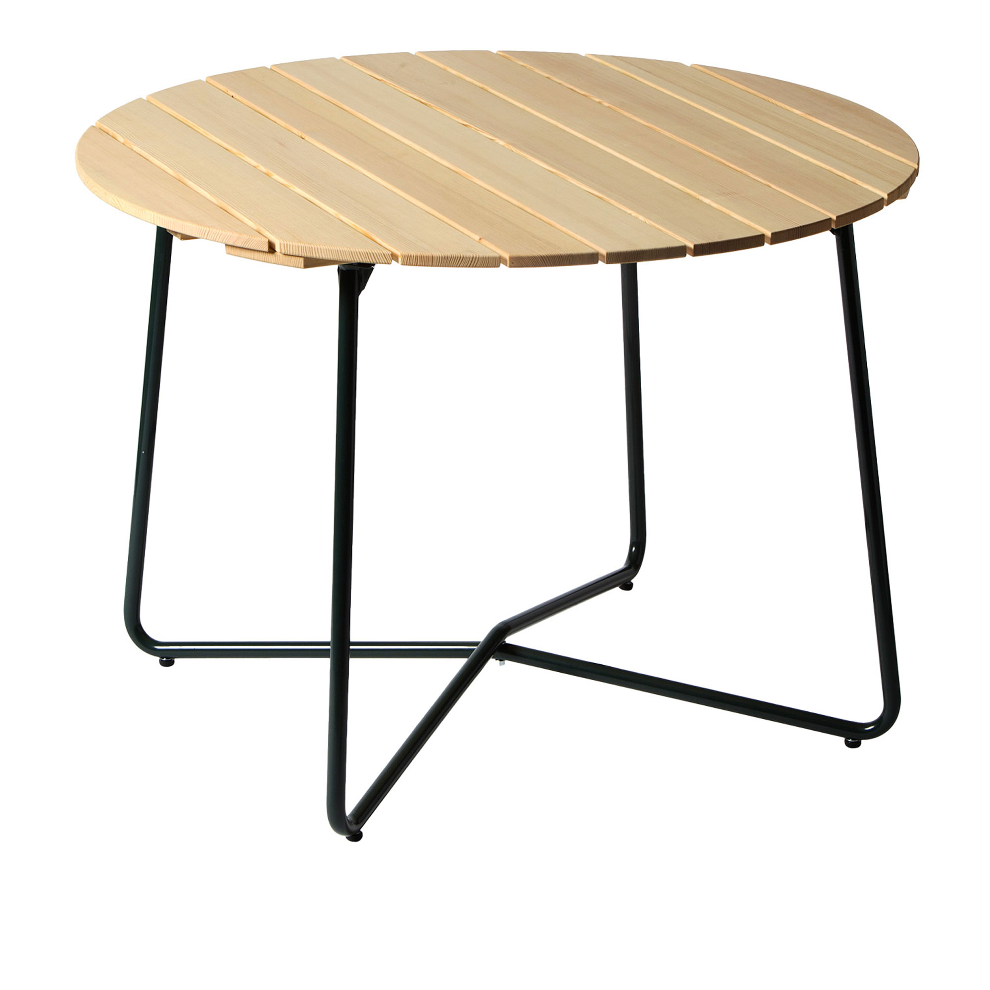 Grythyttan Stålmöbler - Bord 9A Ø100 cm Oljad furu / Grönt stativ - Matbord utomhus | Utemöbler - Utebord - Matbord Utomhus | Möbelexperten