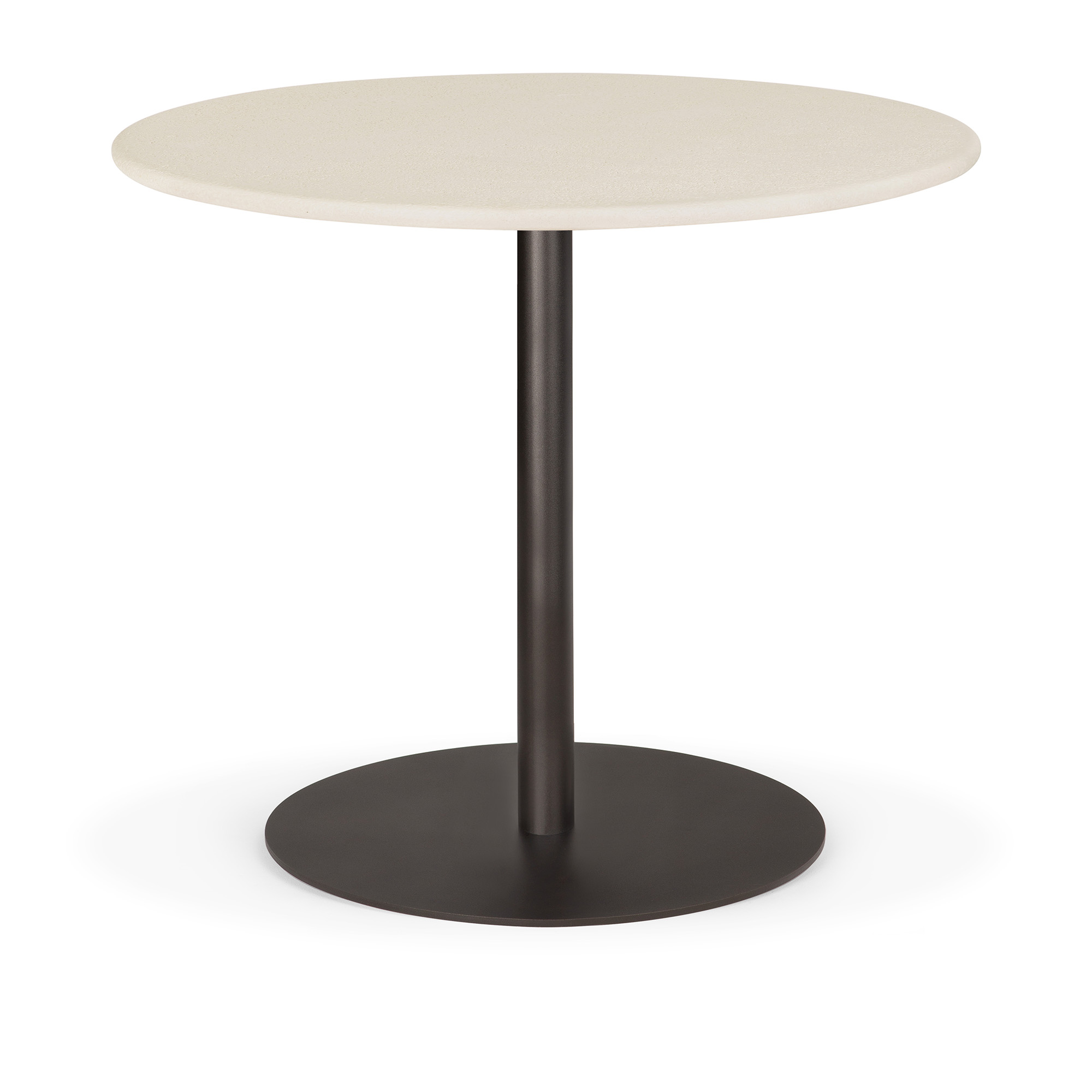 ethnicraft - blend dining table - varnished microcement top - off white - dark bronze base - round 90 cm - matbord - träfärgad - sten
