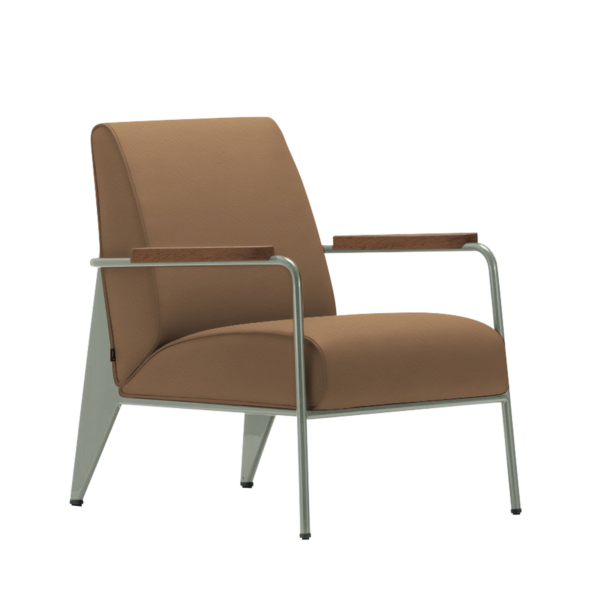 Vitra - Fauteuil de Salon, Walnut, Prouvé Gris Vermeer, Leather Premium Cat. L40 Col. 75 Camel - Fåtöljer - Jean Prouvé - Brun - Metall/Trä/Skum