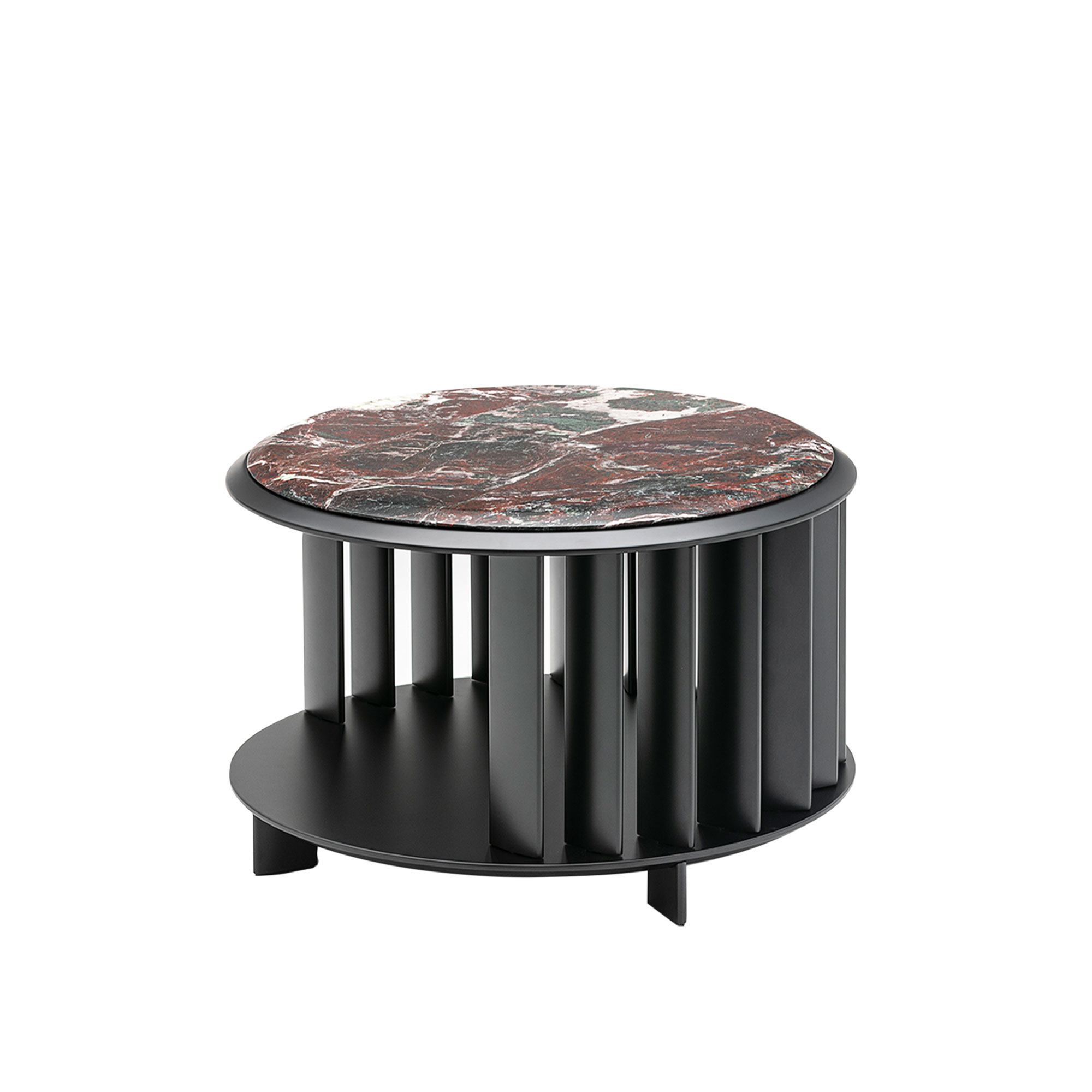 Living Divani - Islands Low Table Marble Ø 66 cm H 41,5, Top Marble Red Levante, Slats Lacquered - Sofabord - Stephen Burks - Svart - MDF/Metall/Stein