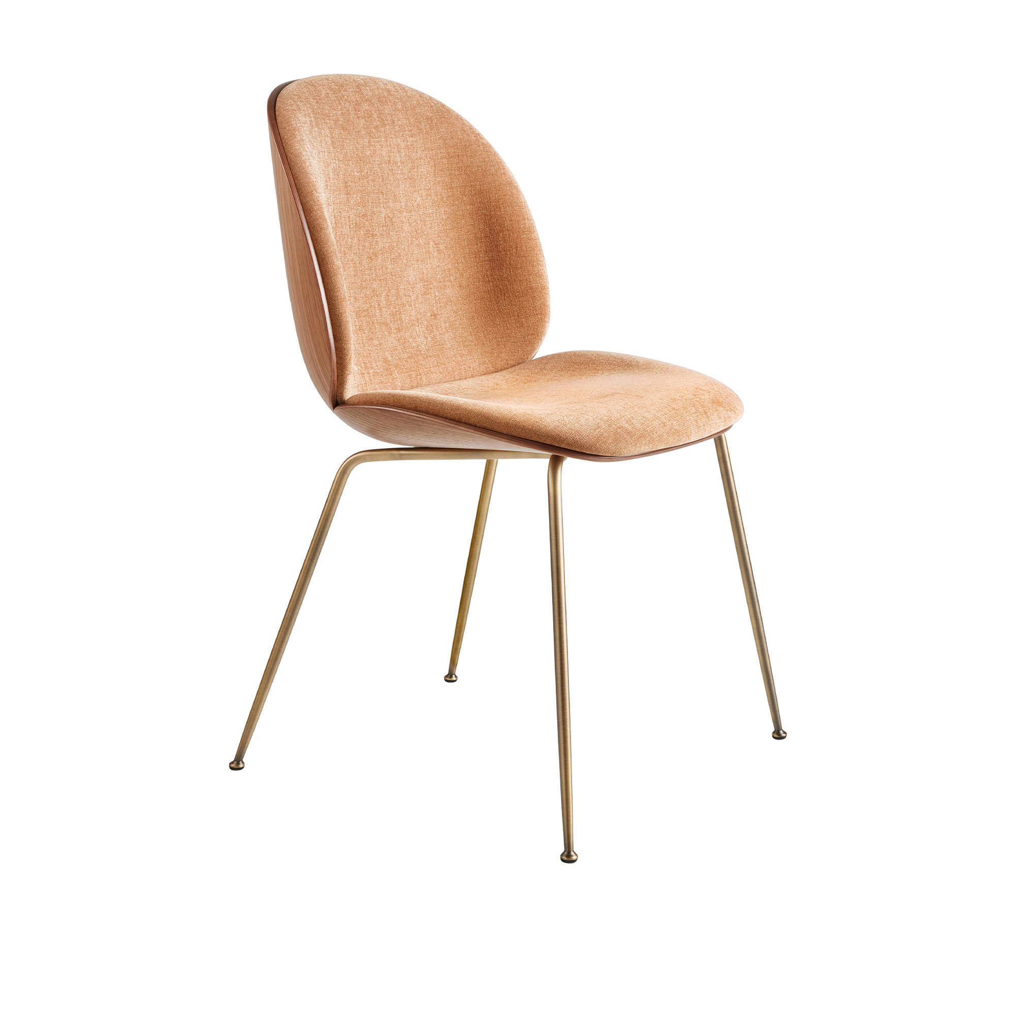 Gubi - Beetle Dining Chair - Front Upholstered, Conic base, Belsuede Special FR 132, Dedar Veneer Shell American Walnut Semi Matt Lacquered, Antique Brass Base, Standard Glides - Spisestoler - GamFratesi - Brun