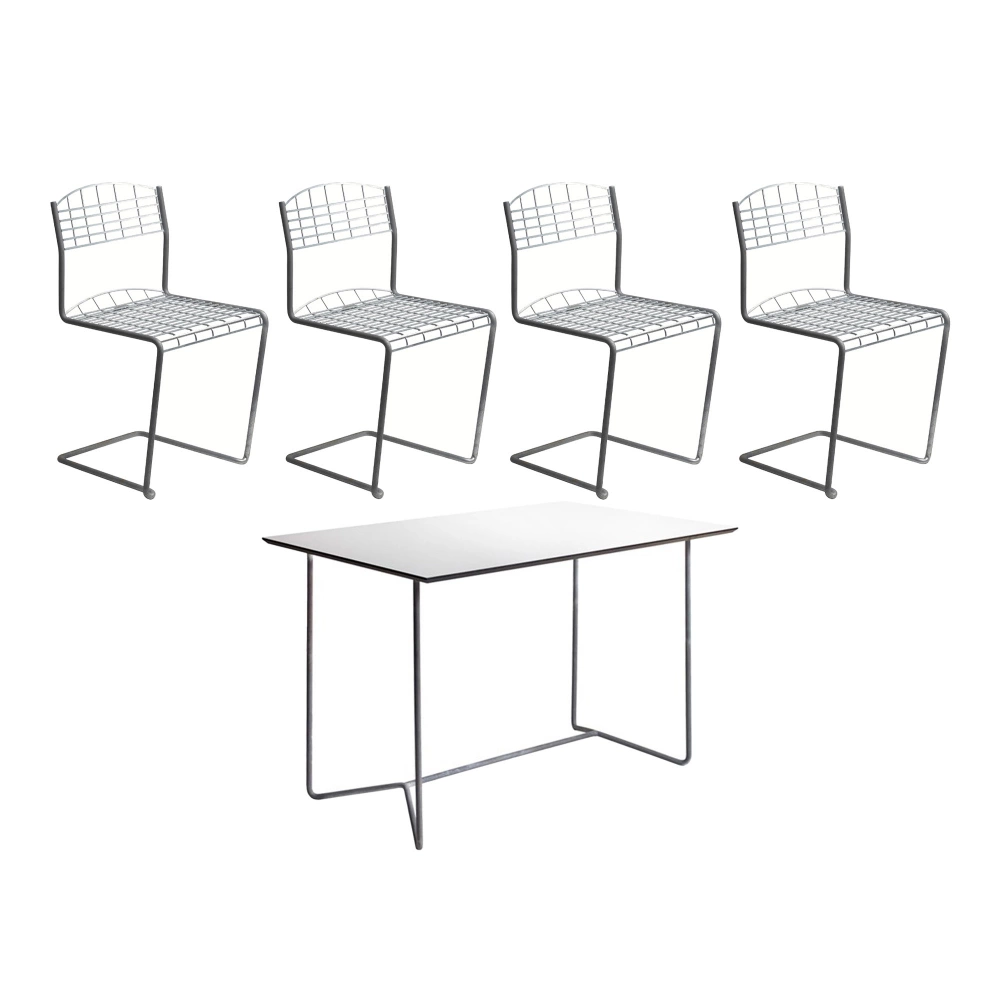 Grythyttan Stålmöbler - High Tech-serien - High Tech Bord 110x70 cm & 4 st High Tech Stol Stål - Matstolar utomhus - Silver
