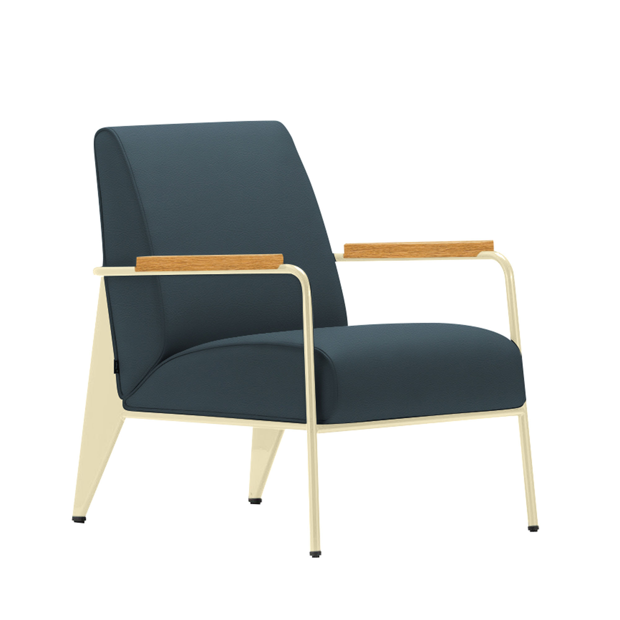 Vitra - Fauteuil de Salon, Base Ecru,, Natural Oak, Leather Premium Cat. L40 Col. 60 Smoke Blue - Fåtöljer - Jean Prouvé - Blå - Metall/Trä/Skum