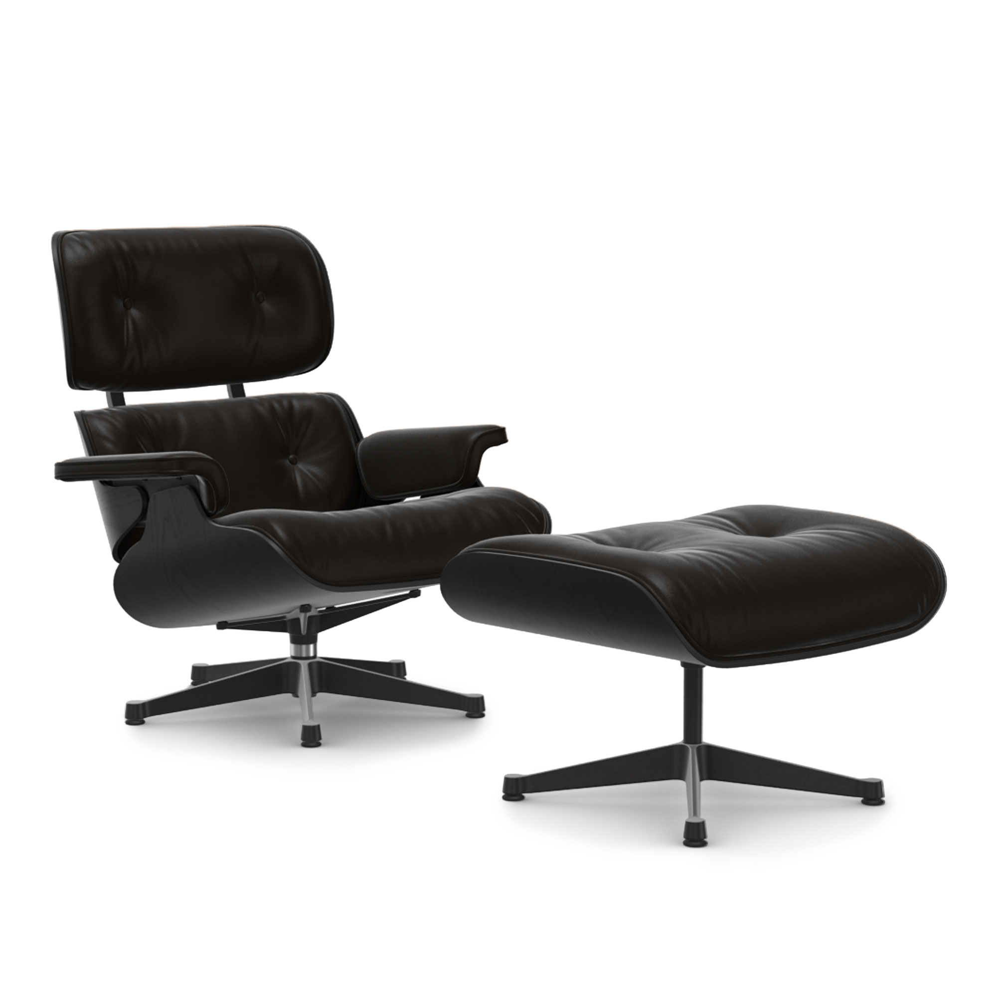 Vitra - Eames Lounge Set Black Chestnut Leather Natural Chocolate 68 Polished Aluminium/Deep Black - Fåtöljer - Charles & Ray Eames - Brun | Möbler - Fåtöljer Och Puffar - Fåtöljer | Möbelexperten