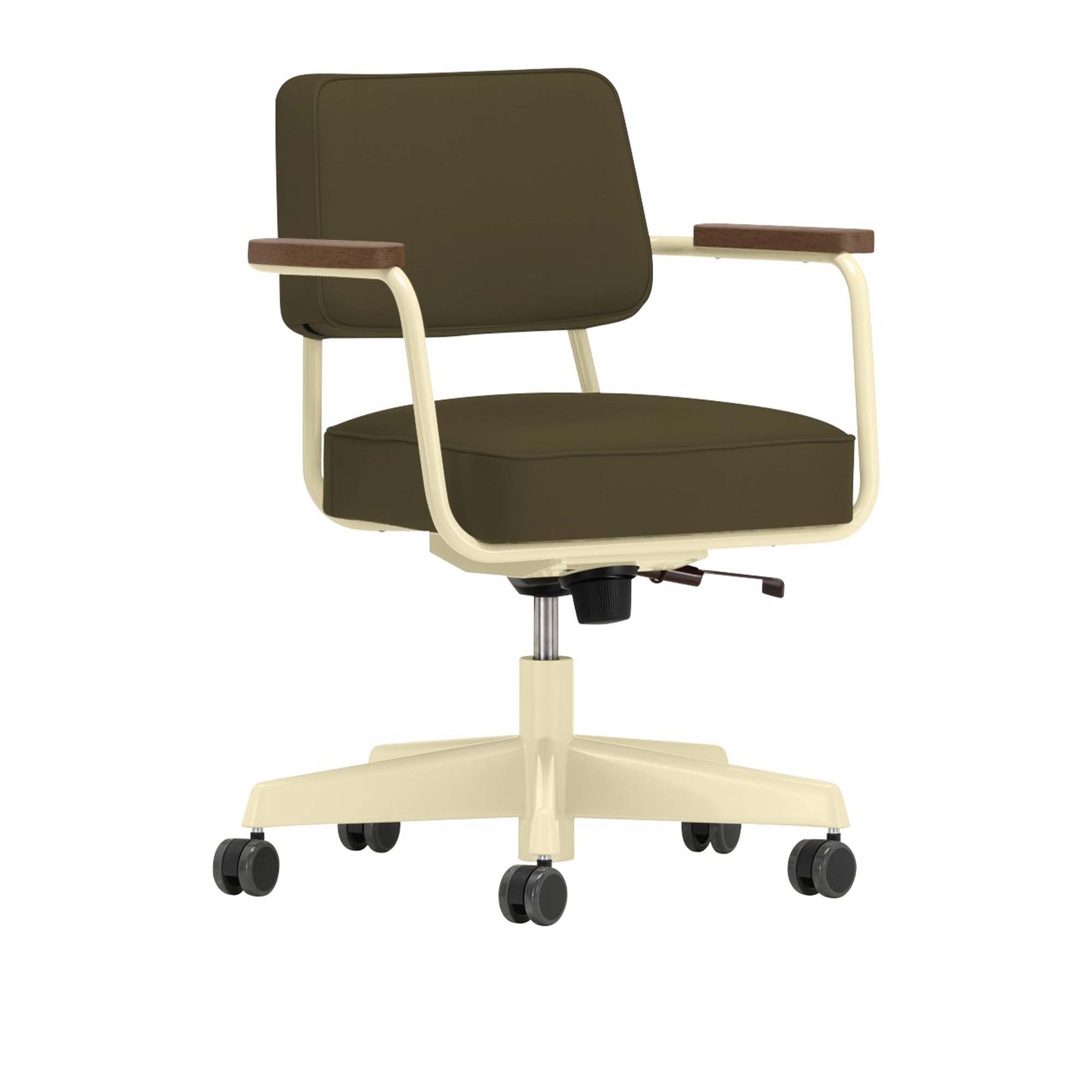 Vitra - Fauteuil Direction Pivotant, Walnut, Base Ecru, Leather Premium Cat. L40 Col. 58 Khaki - Skrivbordsstolar - Jean Prouvé - Grön