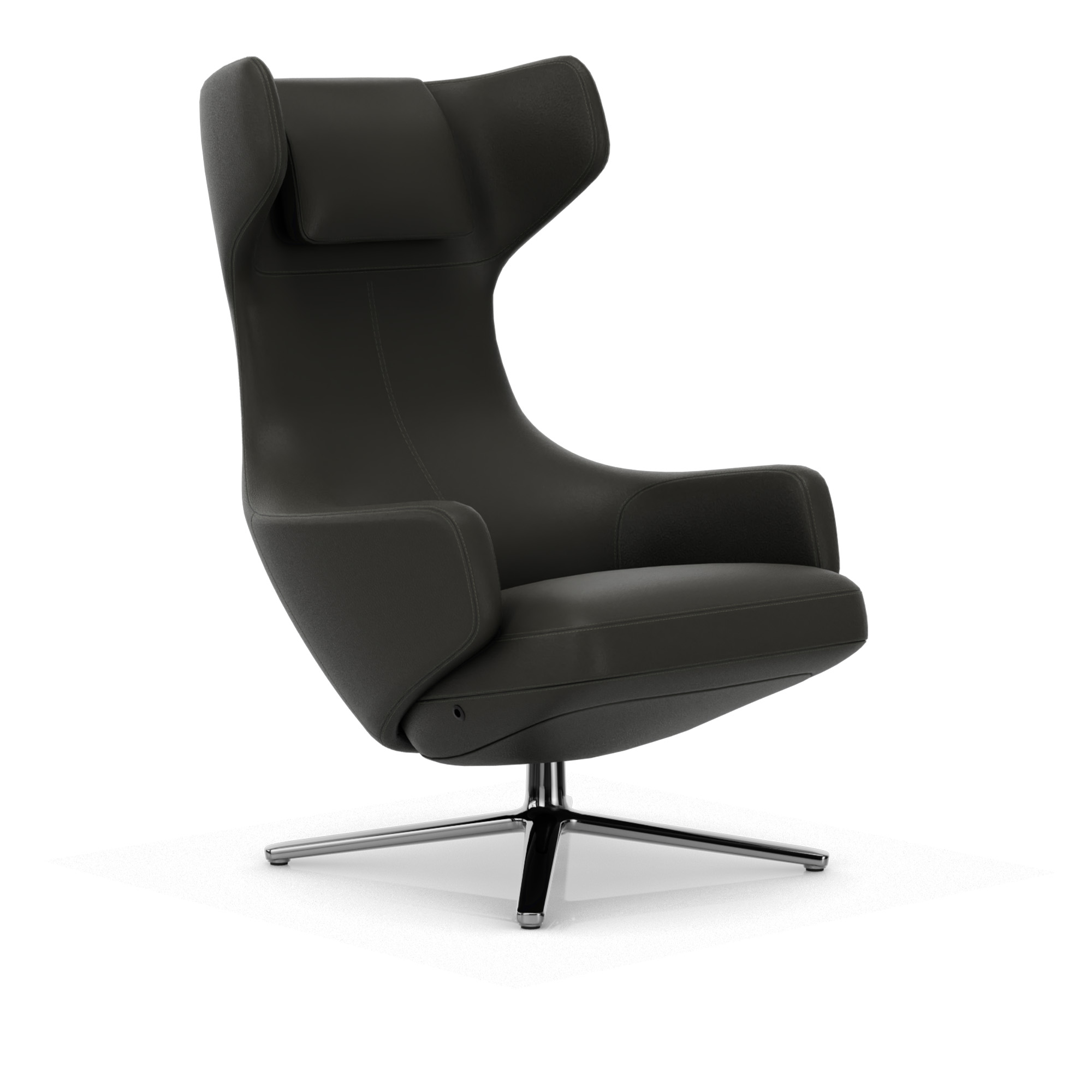 Vitra - Grand Repos Low, Aluminium Polished Base, Back/Seat Leather Premium L40 Umbra Grey - Fåtöljer - Antonio Citterio - Grå - Dun/Läder/Metall/Skum/Plast