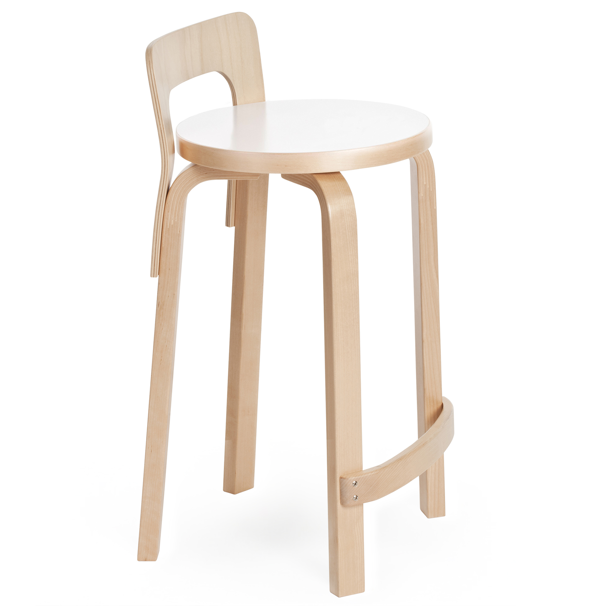 Artek - High Chair K65, Klarlackade ben och ryggst&ouml;d, Vit laminat sits - Barstolar - Alvar Aalto - Tr&auml;f&auml;rgad - Tr&auml;