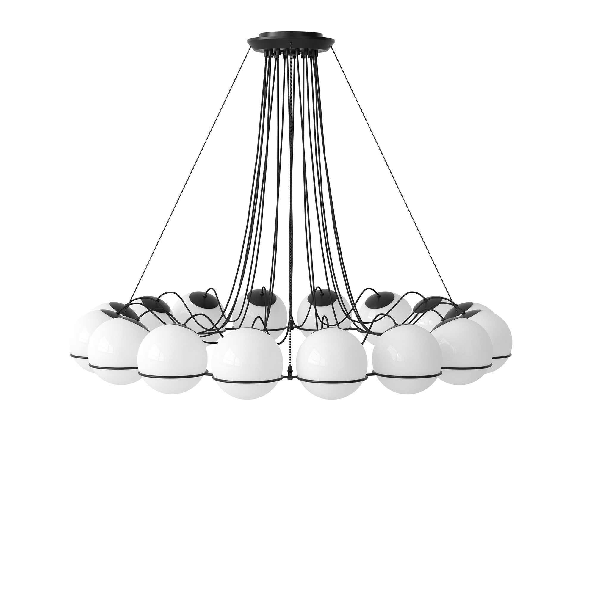 Astep - Model 2109/16/20, 16 Opaline Spheres (20cm Diameter), Black Structure - Takkronor - Gino Sarfatti - Svart,Vit | Belysning - Taklampor - Takkronor | Möbelexperten