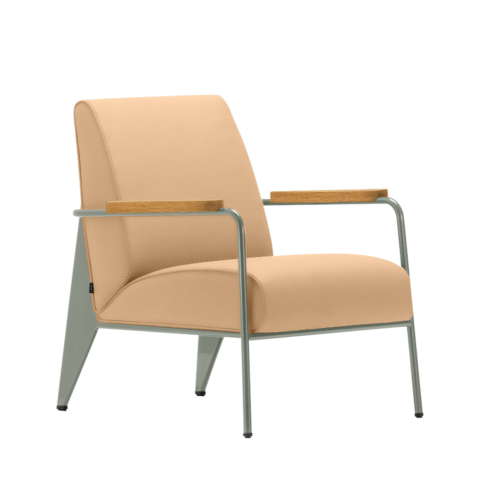 Vitra - Fauteuil de Salon, Prouvé Gris Vermeer, Natural Oak, Leather Premium Cat. L40 Col. 63 Cashew - Fåtöljer - Jean Prouvé - Beige - Metall/Trä/Skum