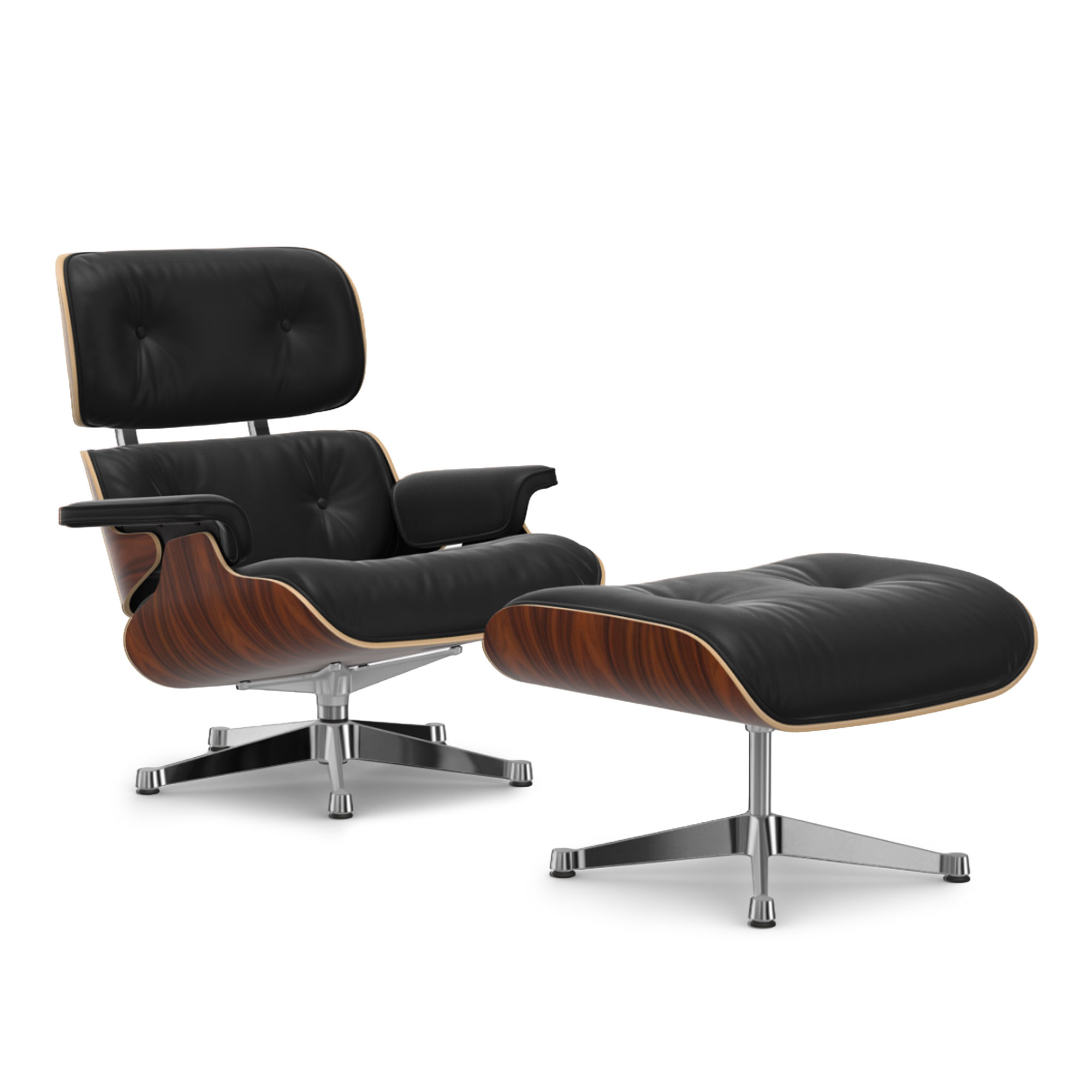 Vitra - Eames Lounge Set Santos Palisander Leather Premium Nero 66 Polished Aluminium - Fåtöljer - Charles & Ray Eames - Svart | Möbler - Fåtöljer Och Puffar - Fåtöljer | Möbelexperten