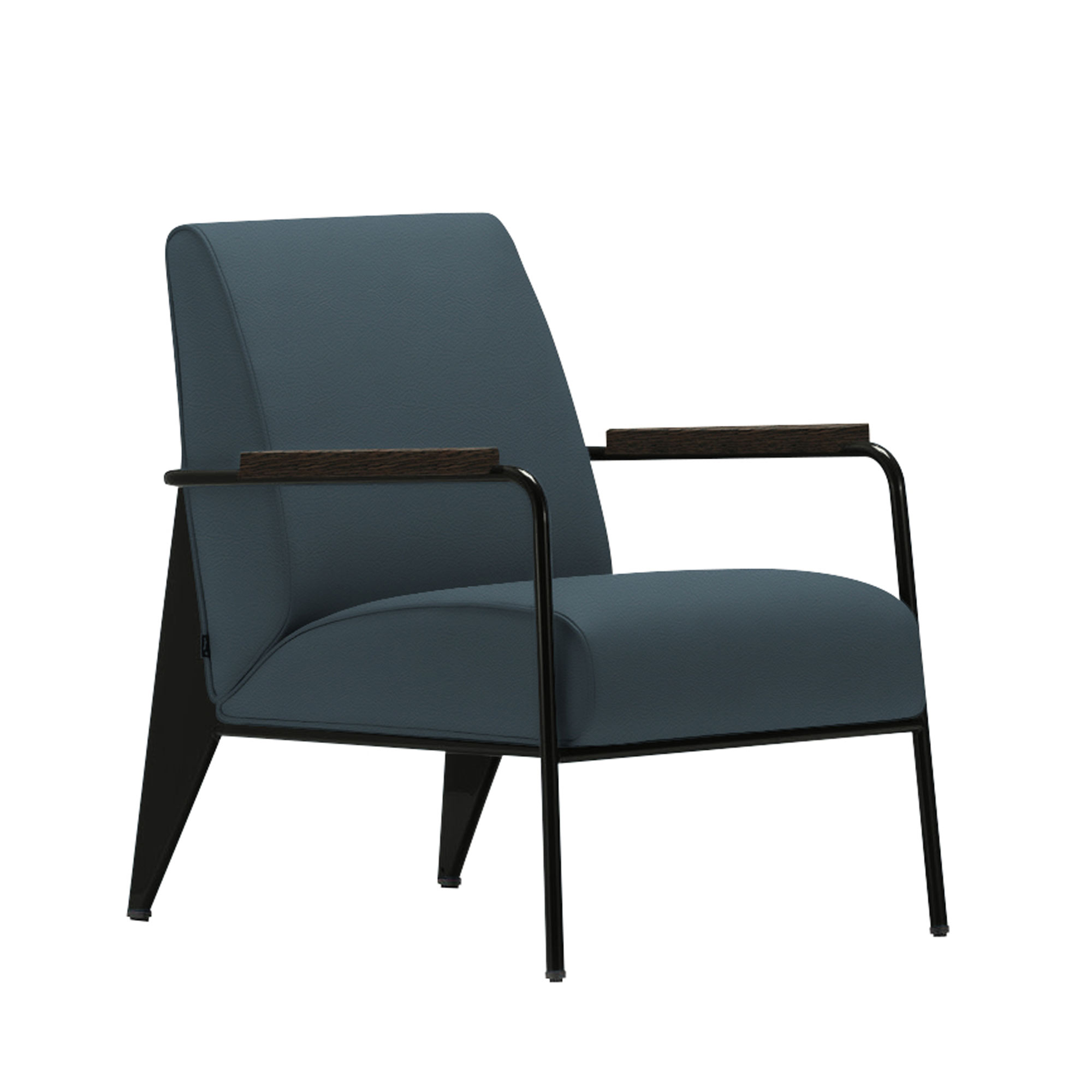 Vitra - Fauteuil de Salon, Base Deep Black, Dark Oak, Leather Premium Cat. F L50 Col. 60 Smoke Blue - Fåtöljer - Jean Prouvé - Blå - Metall/Trä/Skum