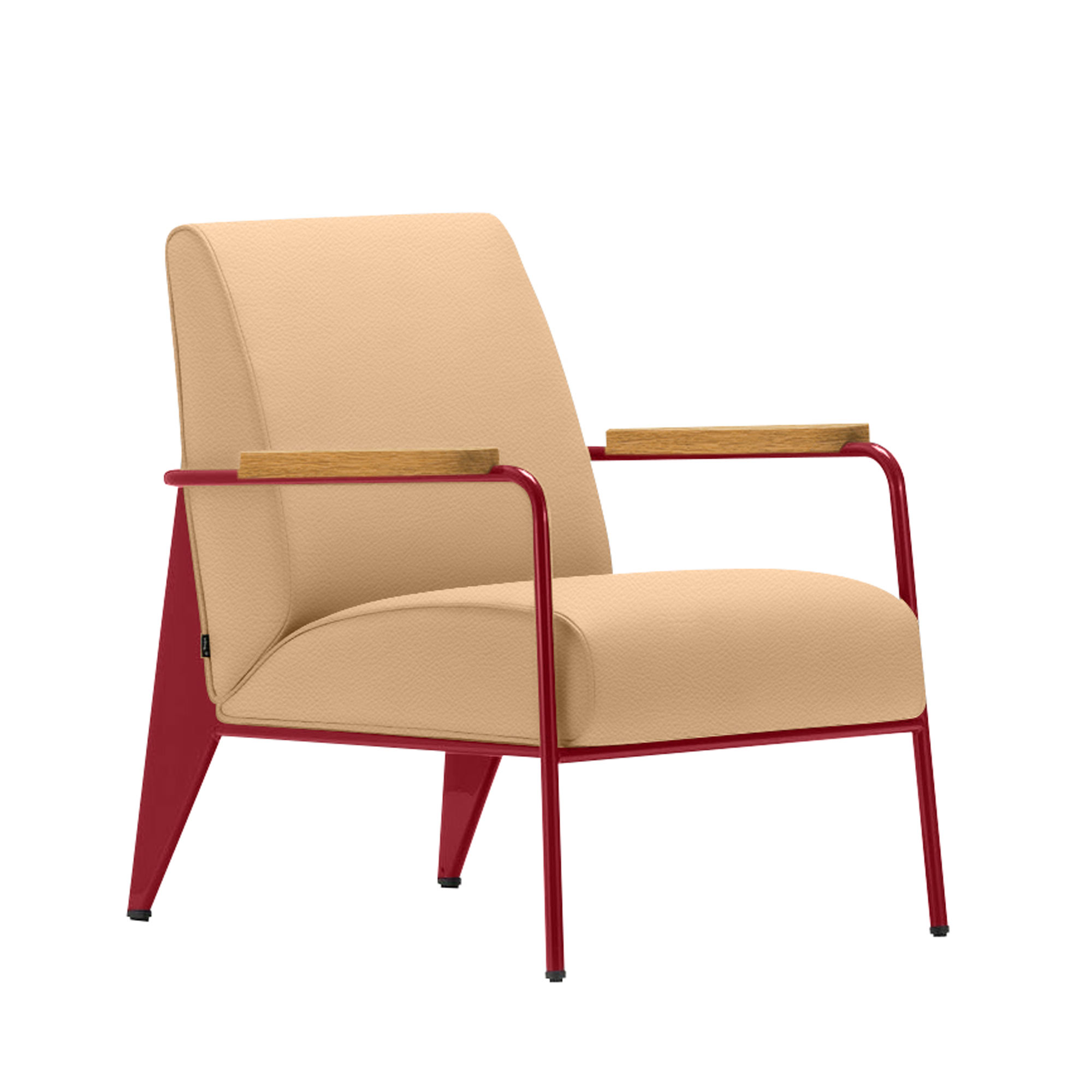 Vitra - Fauteuil de Salon, Base Japanese Red, Natural Oak, Leather Premium Cat. L40 Col. 63 Cashew - Fåtöljer - Jean Prouvé - Beige - Metall/Trä/Skum