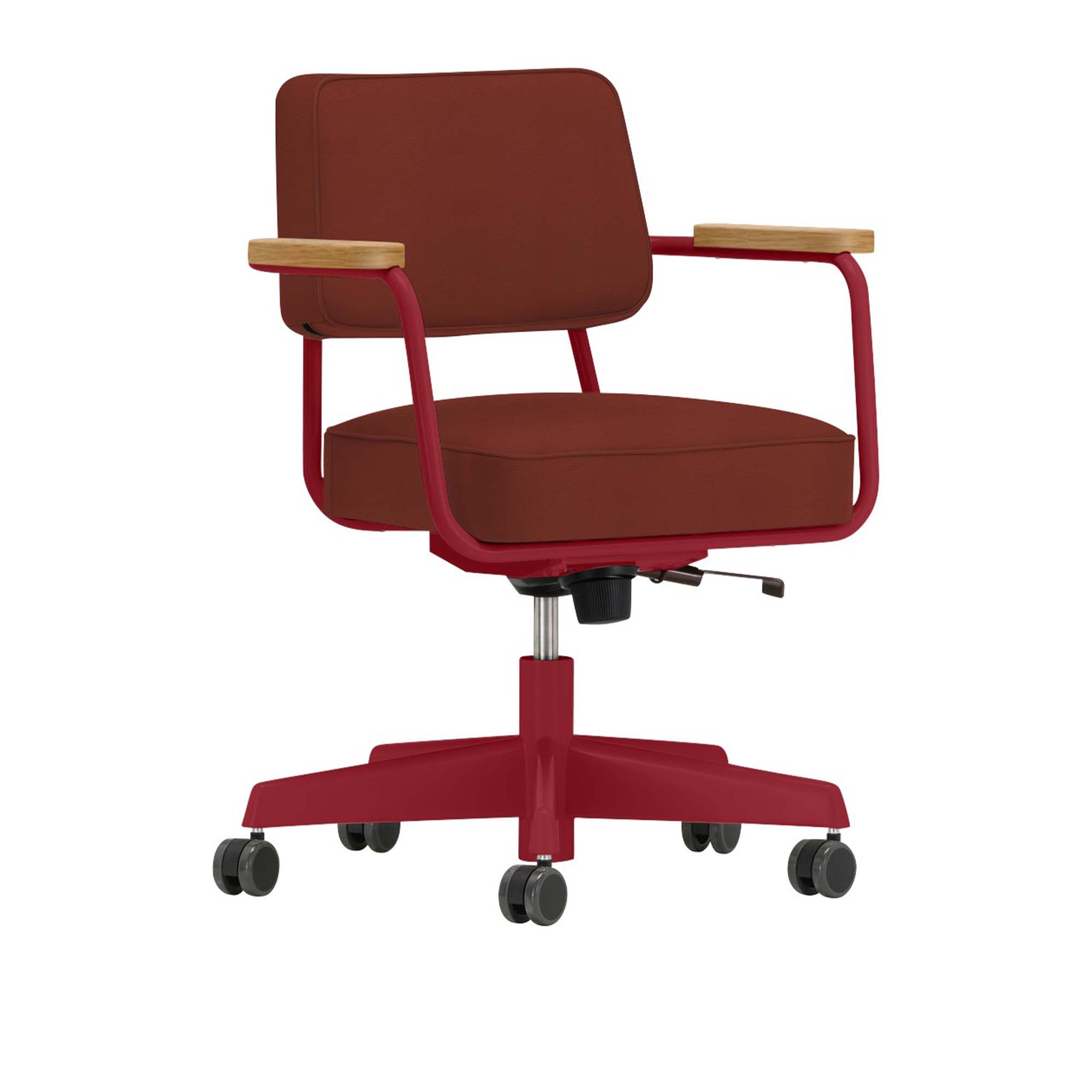 Vitra - Fauteuil Direction Pivotant, Natural Oak, Base Japanese Red, Leather Premium Cat. L40 Col. 93 Brandy - Skrivbordsstolar - Jean Prouvé - Brun