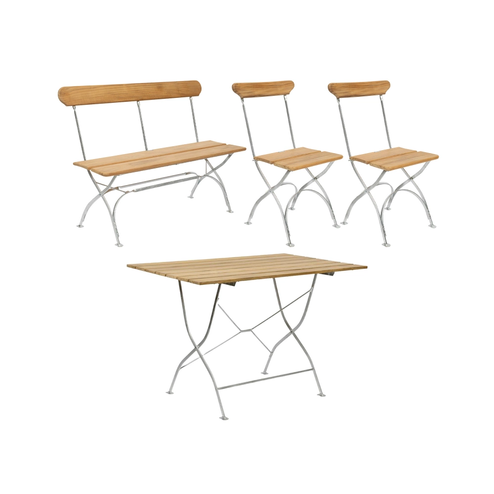 Grythyttan Stålmöbler - Bryggeriserien - Bryggerisoffa, Bryggeribord & 2 st Bryggeristol Teak - Matstolar utomhus - Träfärgad