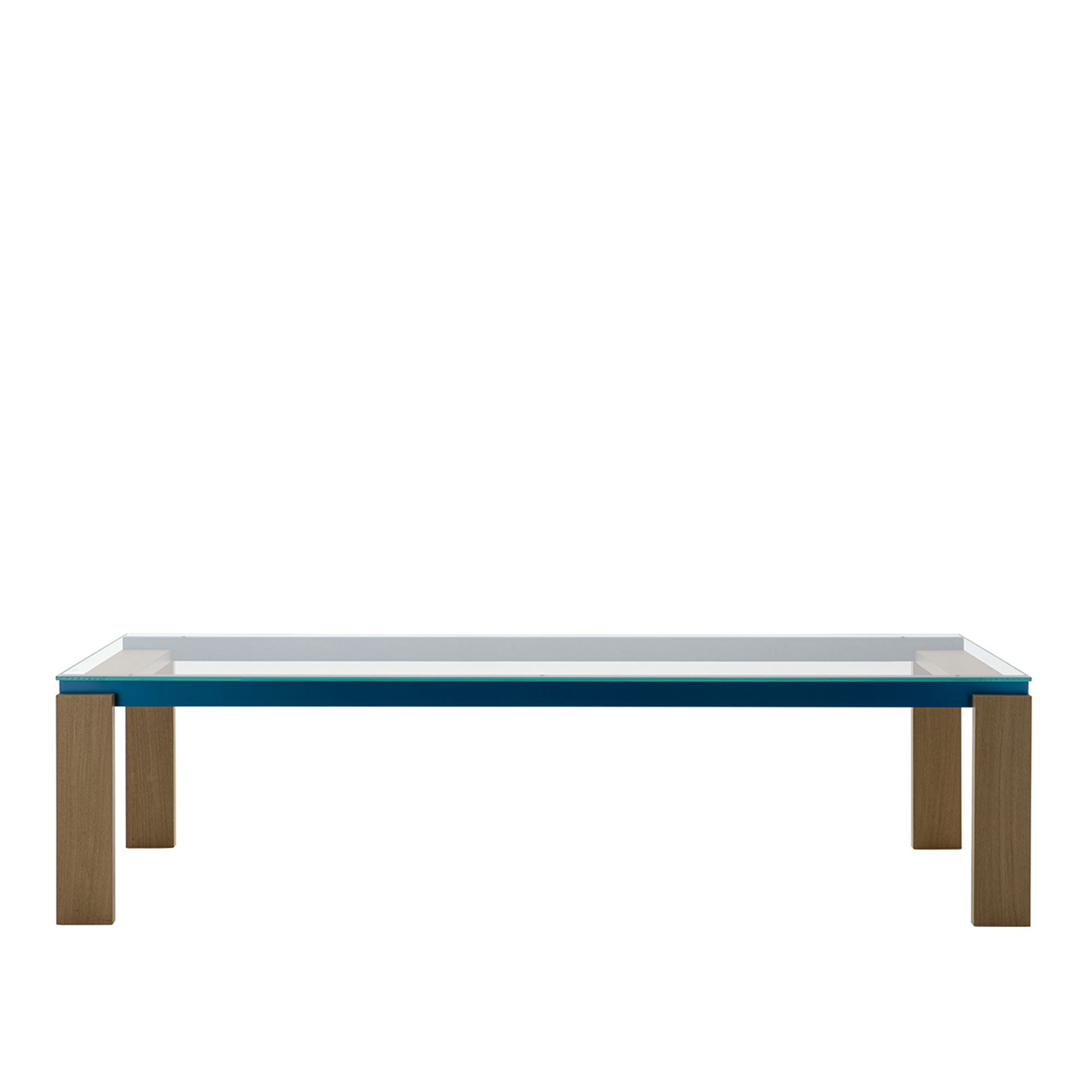 B&B Italia - Parallel Structure Glass Table, Transparent Extra Light Glass, Width: 280 cm, Canaletto Walnut Legs, Blue Painted Crosspiece - Matbord - Michael Anastassiades - Brun - Glas/Metall/Trä