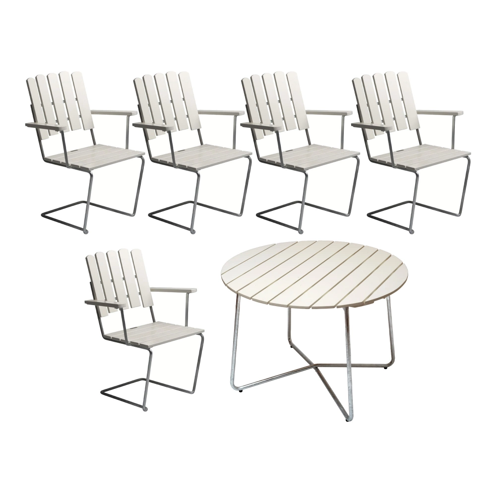 Grythyttan Stålmöbler - Klassikerserien - 9A Bord & 5 st A2 Fåtöljer Vitlackerad Ek