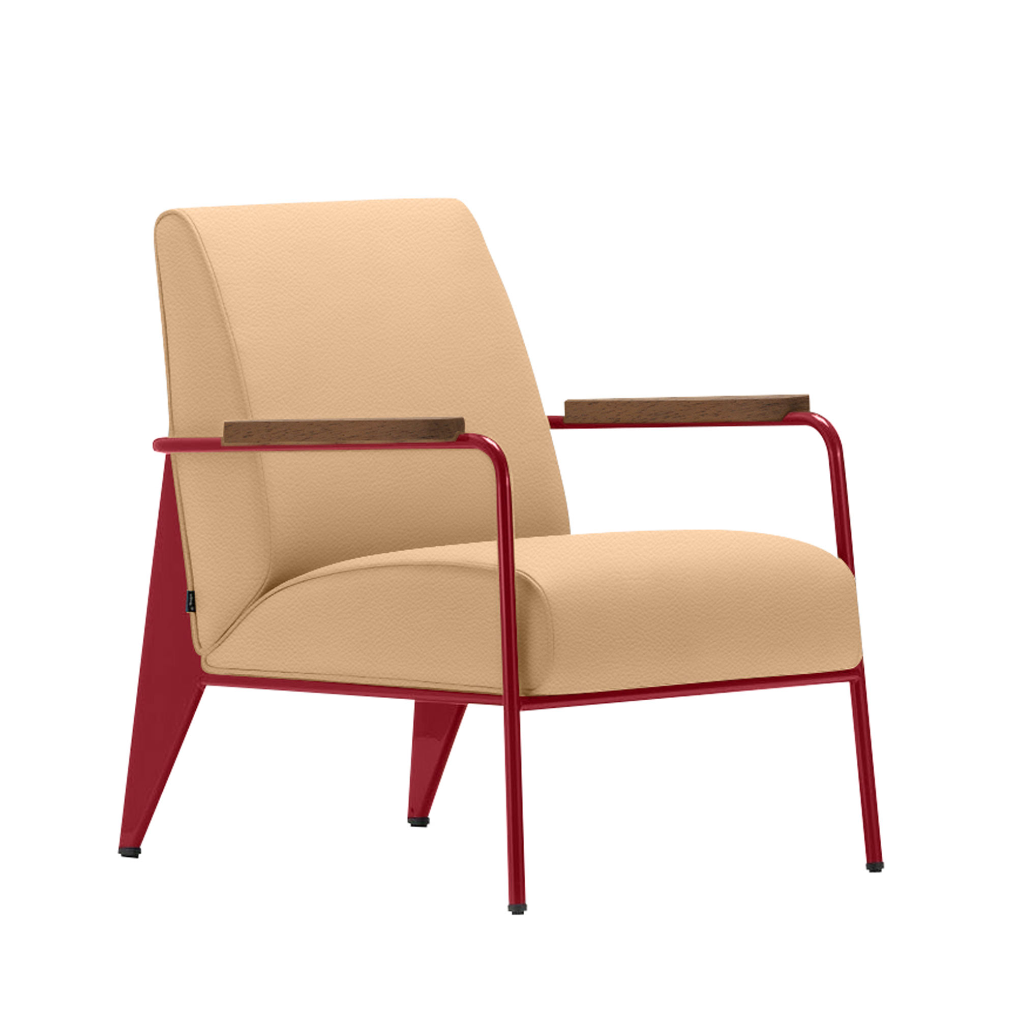 Vitra - Fauteuil de Salon, Walnut, Base Japanese Red, Leather Premium Cat. L40 Col. 63 Cashew - Fåtöljer - Jean Prouvé - Beige - Metall/Trä/Skum