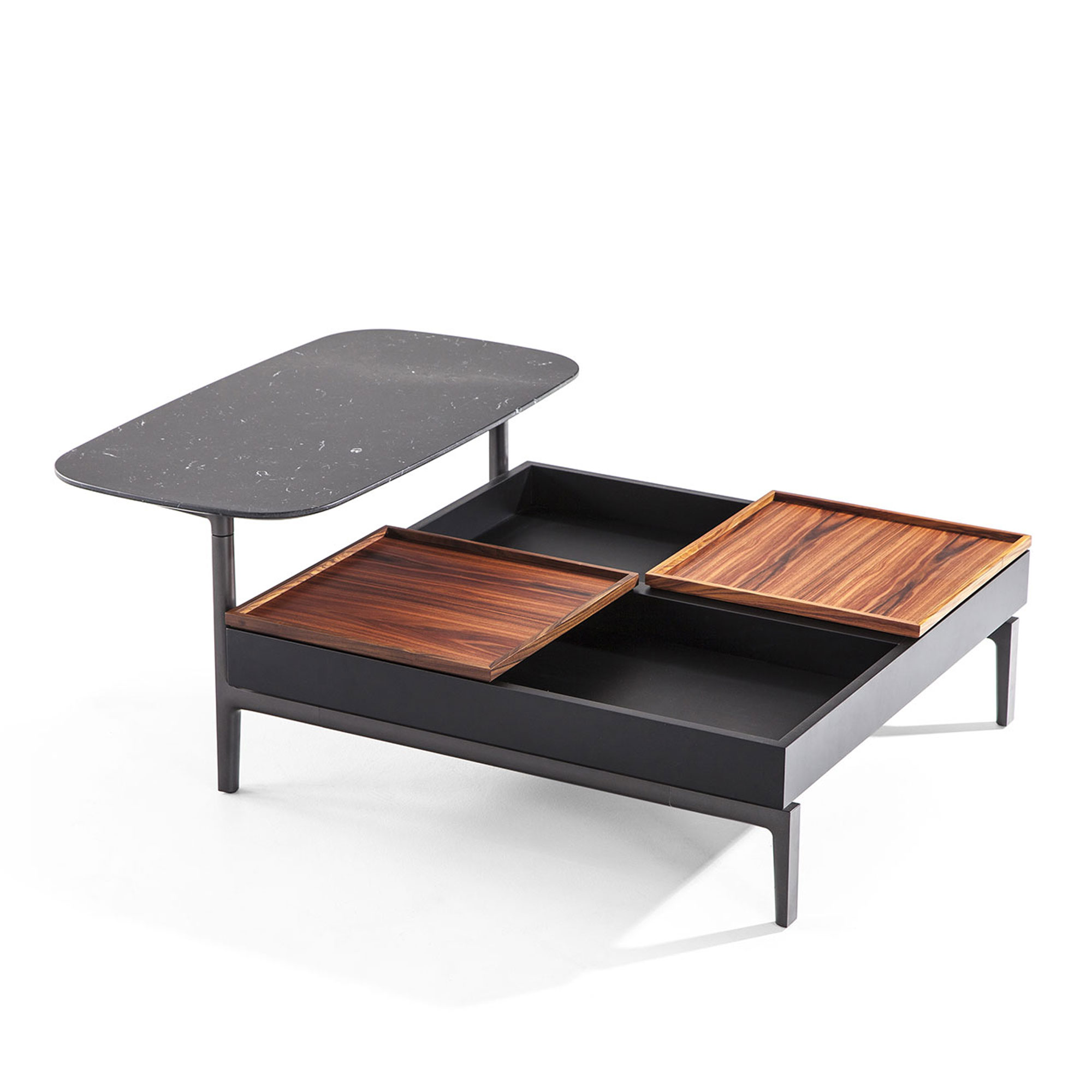 Cassina - 249 Volage EX-S Low Table/Box, Sahara Noir Marble, Glossy Aluminium, 2 Santos Rosewood - Soffbord - Philippe Starck - Svart - Metall/Sten