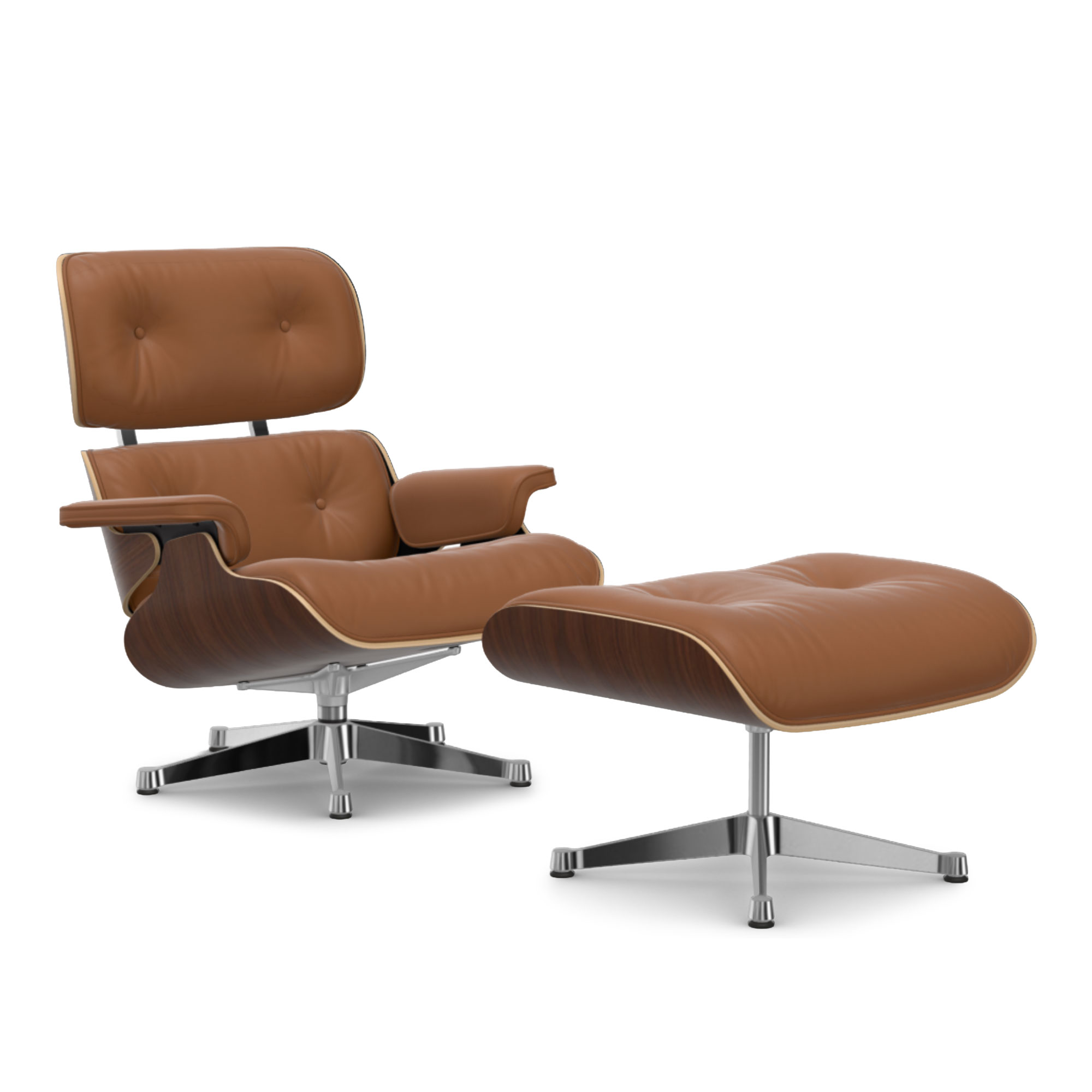 Vitra - Eames Lounge Set Dark Walnut Leather Premium Cognac 97 Polished Aluminium - Fåtöljer - Charles & Ray Eames - Brun | Möbler - Fåtöljer Och Puffar - Fåtöljer | Möbelexperten