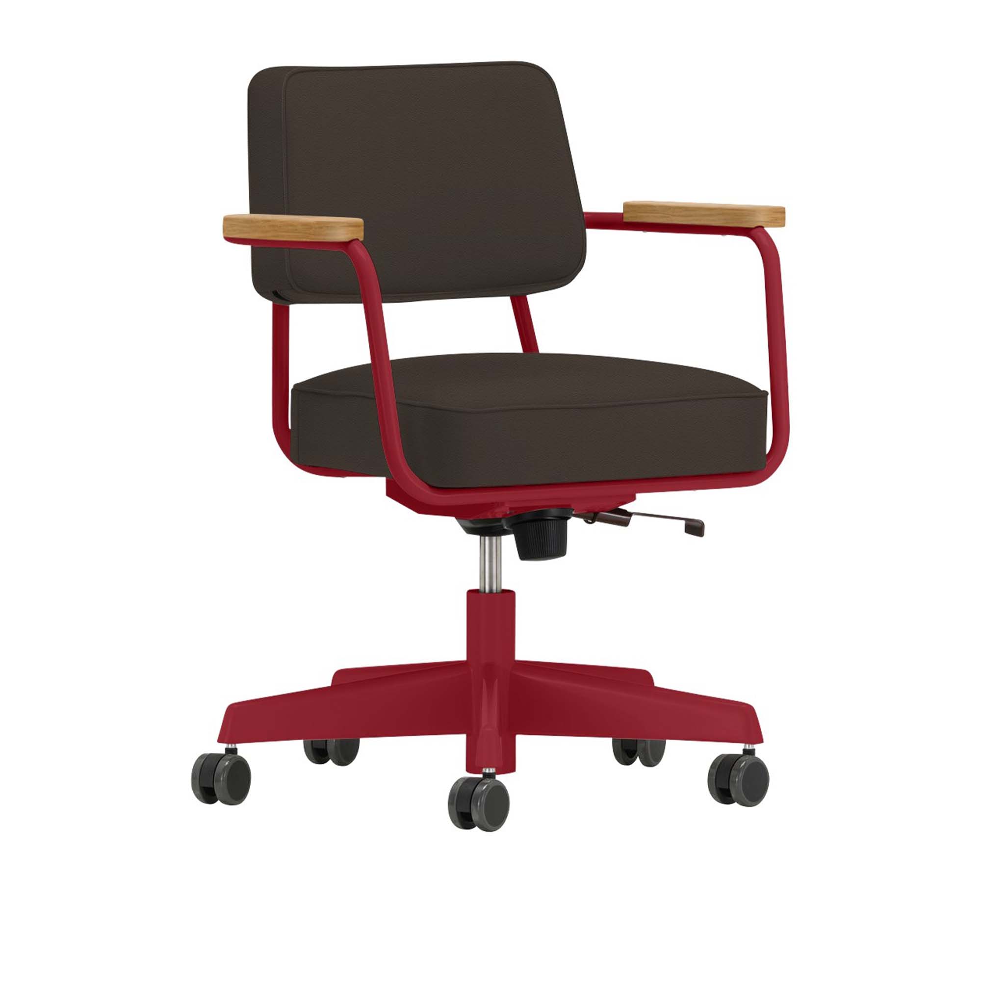 Vitra - Fauteuil Direction Pivotant, Natural Oak, Base Japanese Red, Leather Premium Cat. L40 Col. 77 Brown - Skrivbordsstolar - Jean Prouvé - Brun