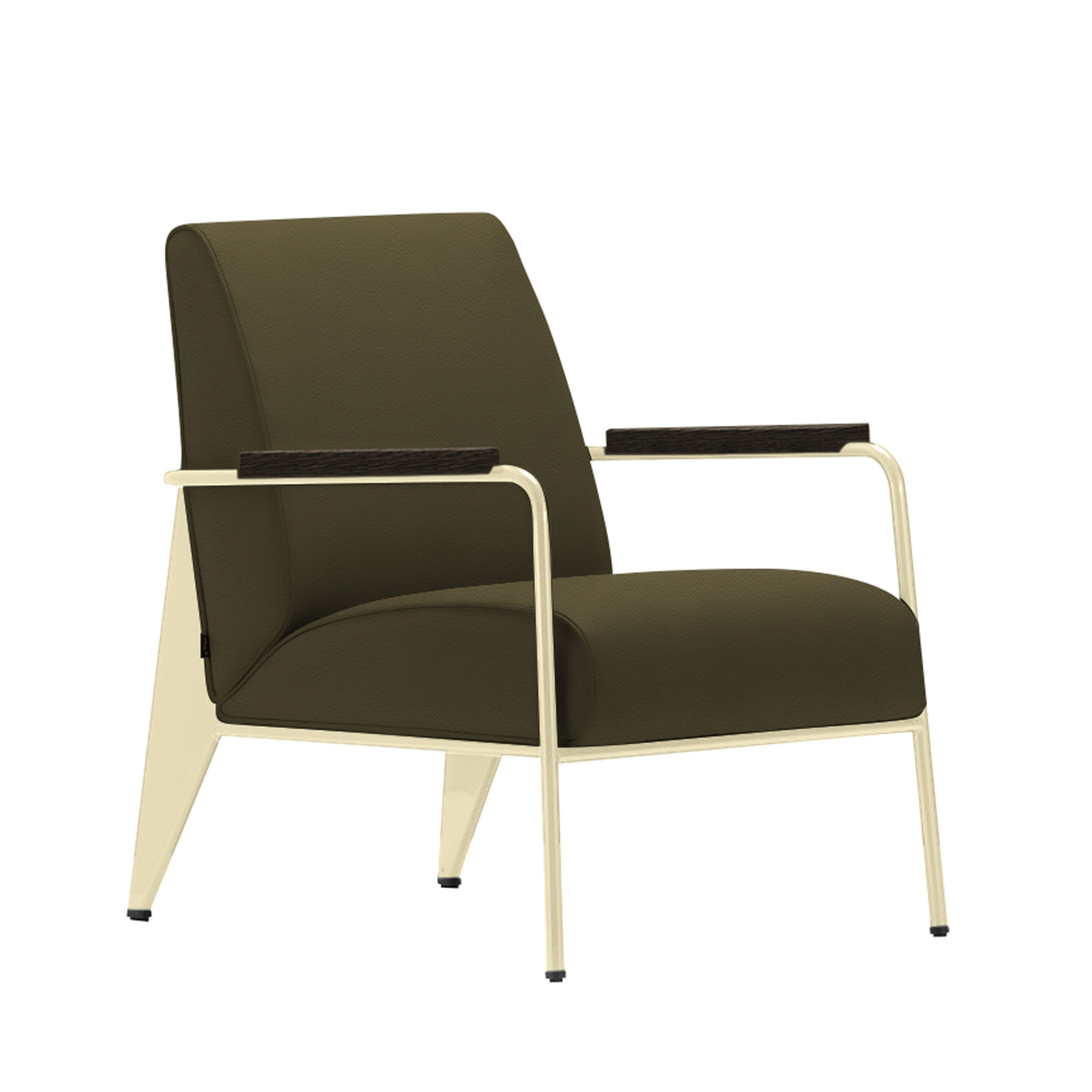 Vitra - Fauteuil de Salon, Base Ecru,, Dark Oak, Leather Premium Cat. L40 Col. 58 Khaki - Fåtöljer - Jean Prouvé - Grön - Metall/Trä/Skum