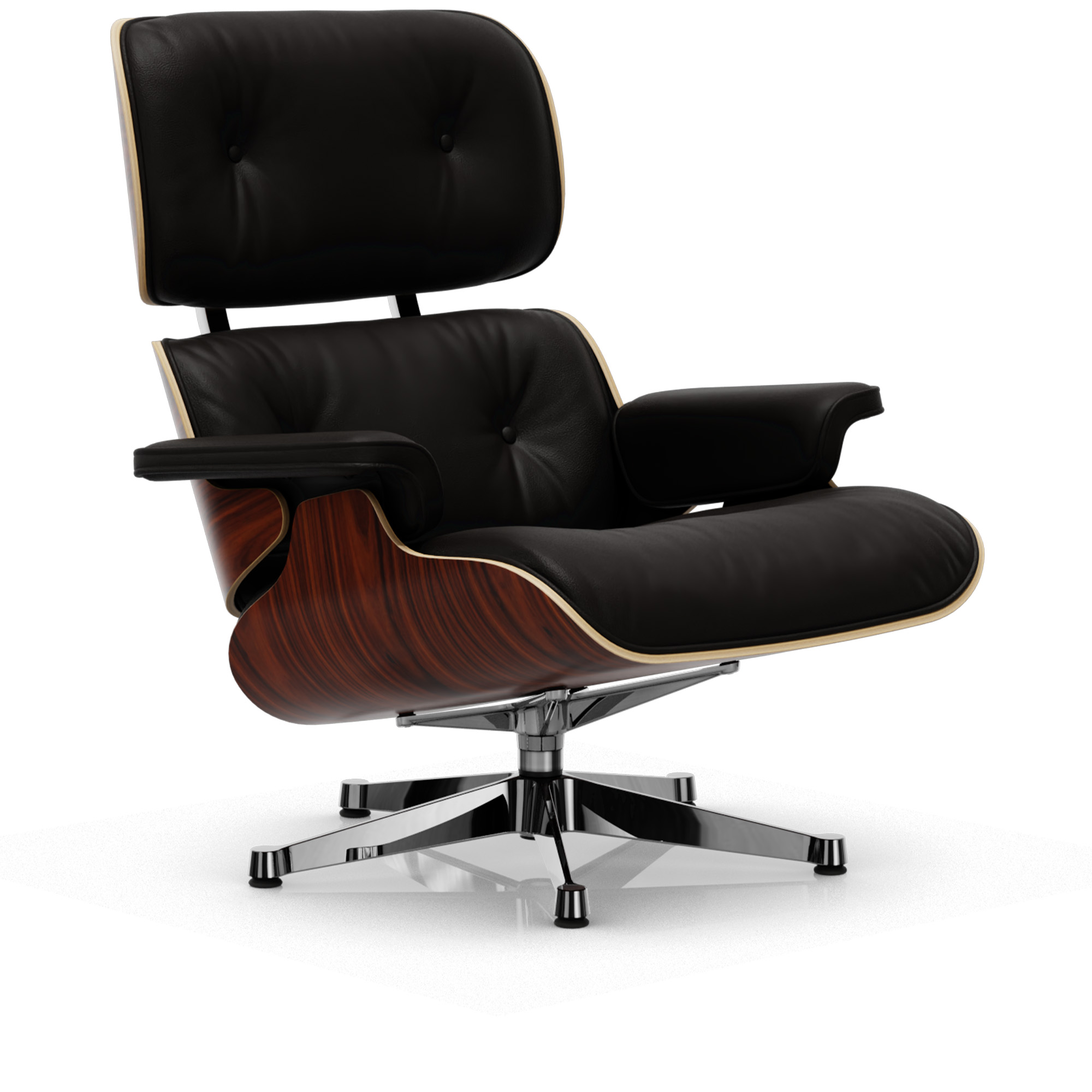 vitra - eames lounge chair santos palisander leather premium chocolate 68 polished aluminium - fåtöljer - charles & ray eames - läder/metall/trä