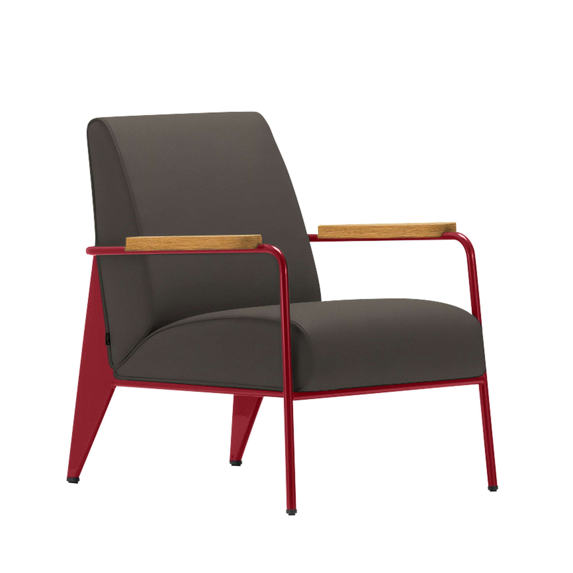 Vitra - Fauteuil de Salon, Base Japanese Red, Natural Oak, Leather Premium Cat. L40 Col. 61 Umbra Grey - Fåtöljer - Jean Prouvé - Grå - Metall/Trä/Skum