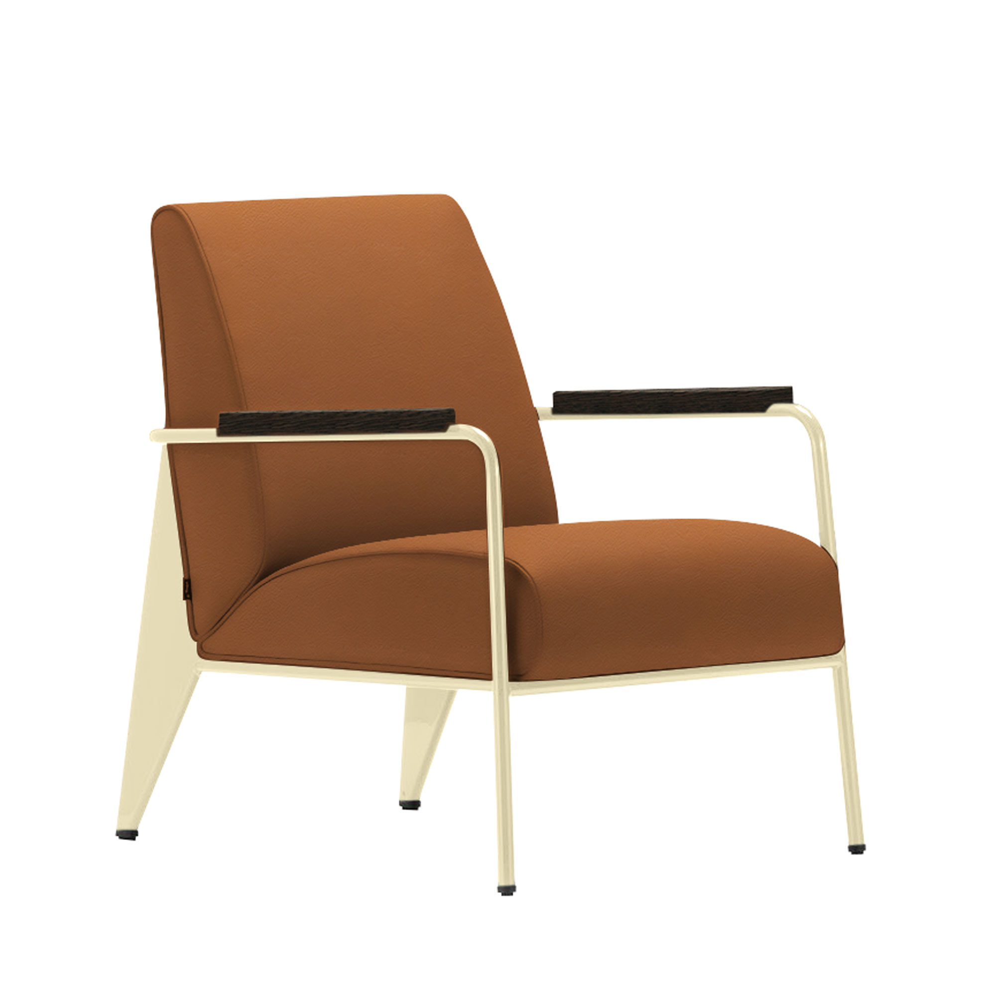 Vitra - Fauteuil de Salon, Base Ecru,, Dark Oak, Leather Premium Cat. L40 Col. 97 Cognac - Fåtöljer - Jean Prouvé - Brun - Metall/Trä/Skum