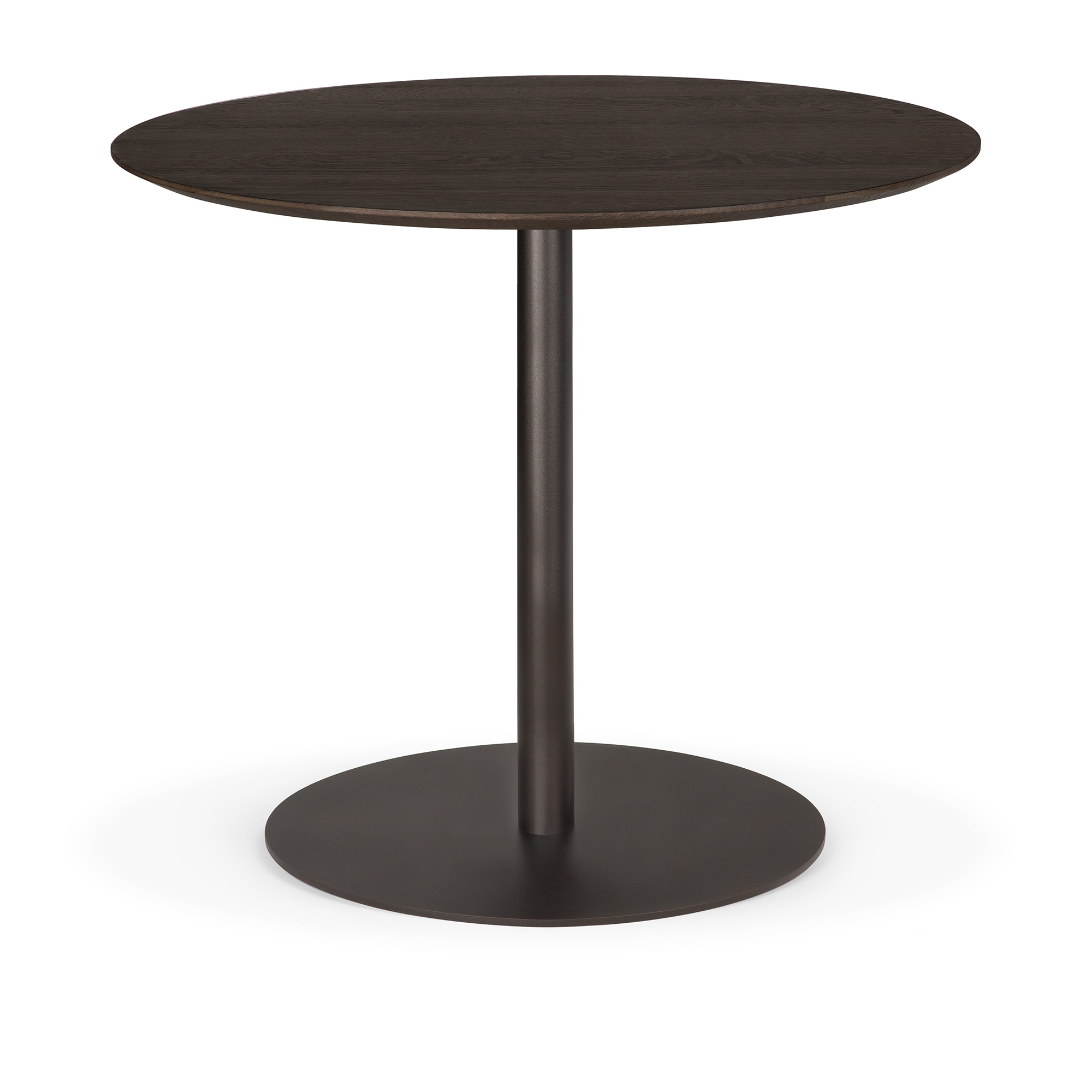 ethnicraft - blend dining table - varnished oak top - brown - dark bronze base - round 90 cm - matbord - träfärgad - trä