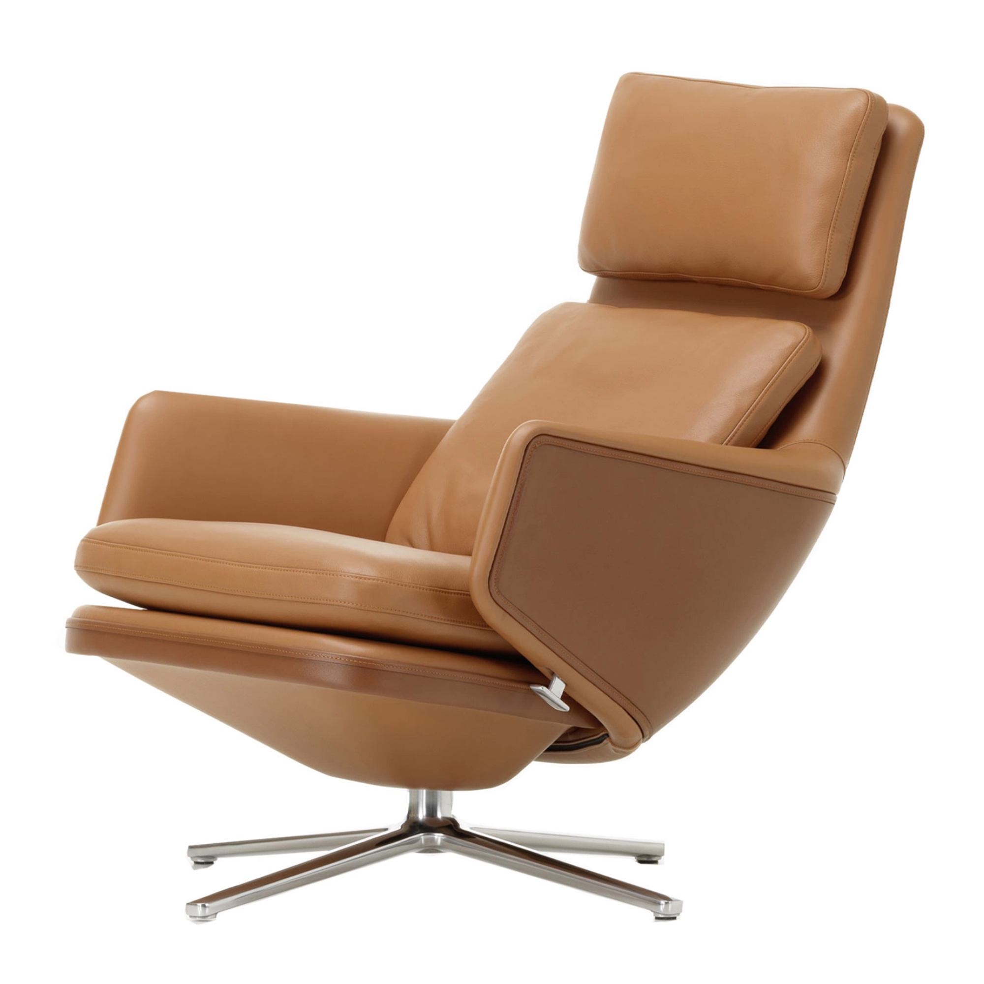 Vitra - Grand Relax High, Aluminium Polished Base, Back/Seat Leather Premium Cognac, Felt Glides For Hard Floor - Snurrfåtöljer - Antonio Citterio - Brun - Dun/Läder/Metall/Skum