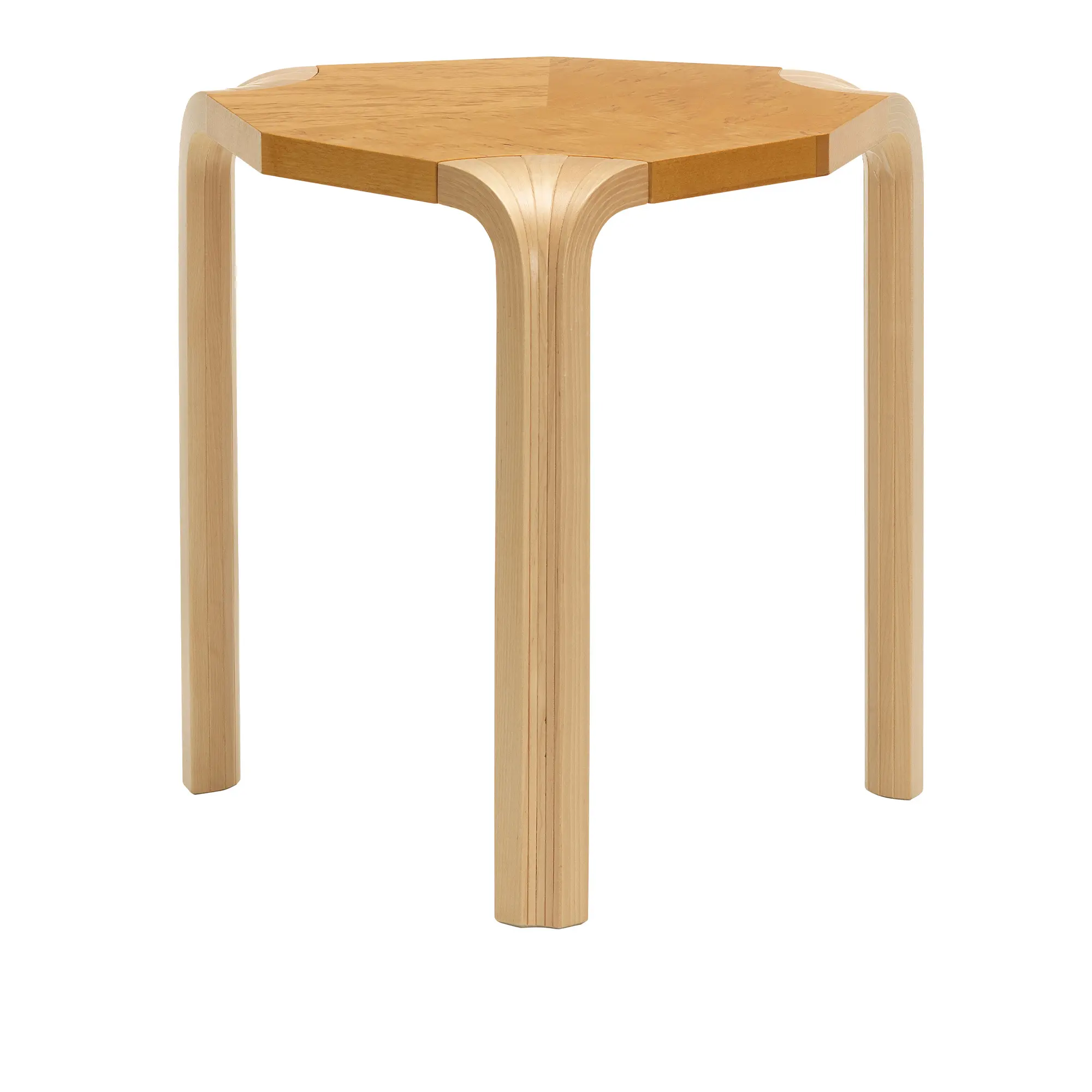 Stool X602, Anniversary Edition Artek 90, Solid Birch/Curly Birch Veneer, Honey/Natural, 3 legs