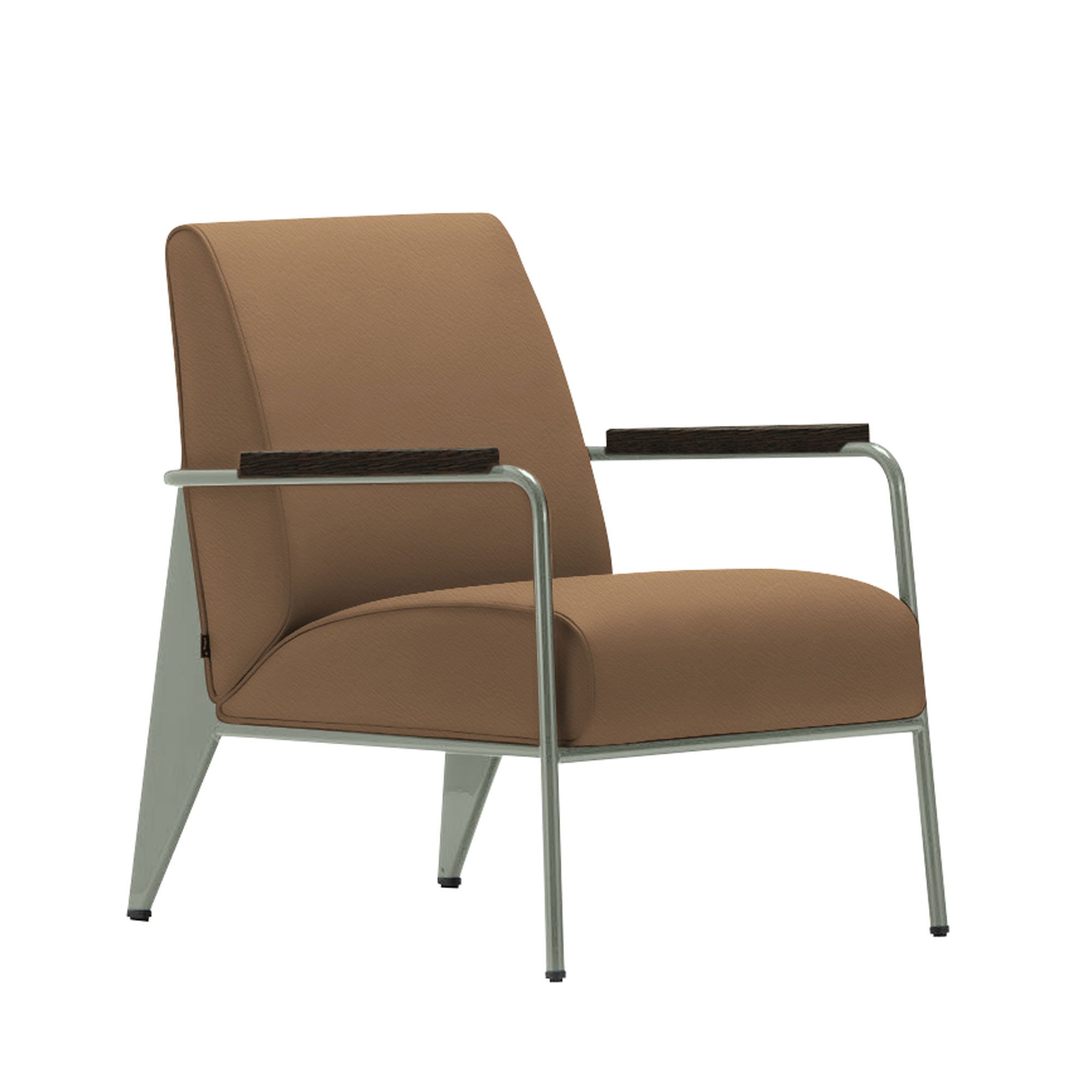 Vitra - Fauteuil de Salon, Prouvé Gris Vermeer, Dark Oak, Leather Premium Cat. L40 Col. 75 Camel - Fåtöljer - Jean Prouvé - Brun - Metall/Trä/Skum