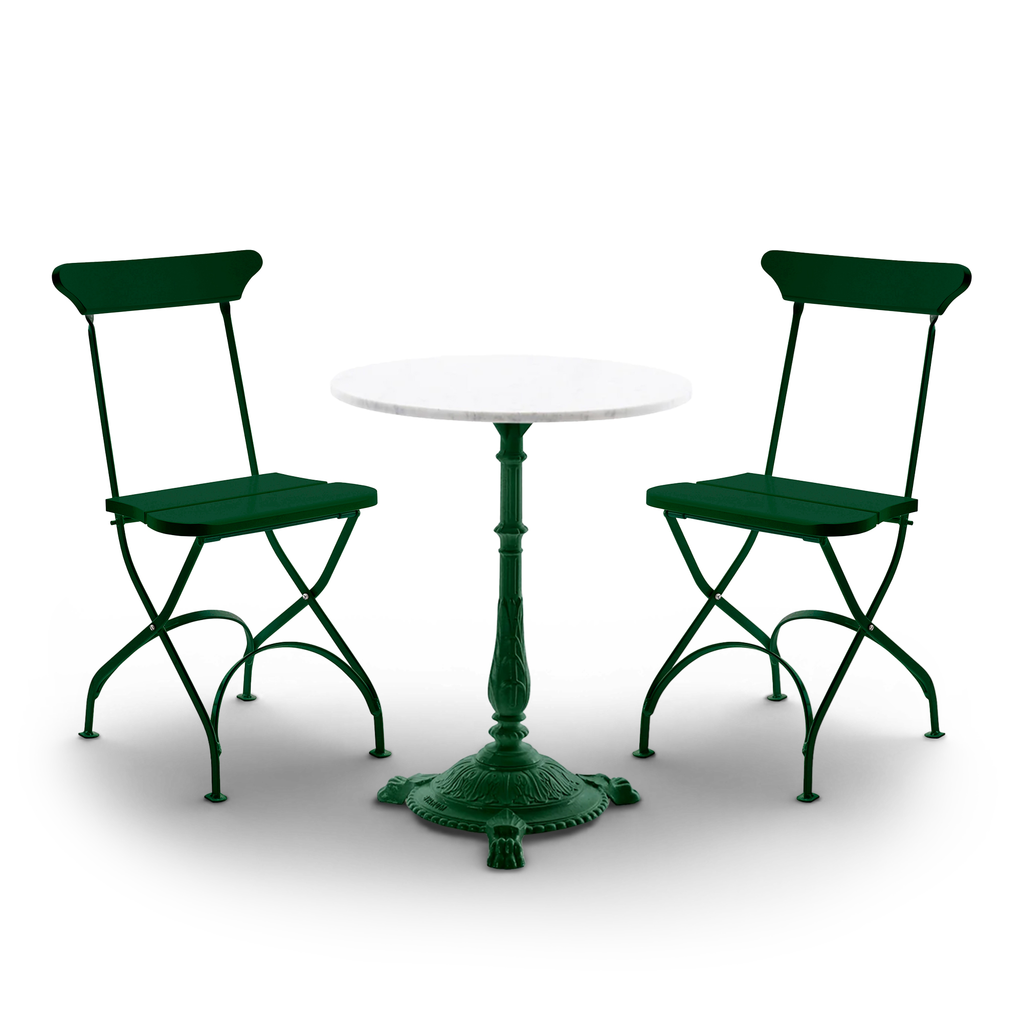 Byarums Bruk - Classic No. 2 trädgårdsstolar 2 st & Classic cafébord Ø50 cm – Carrara marmor och grönlackerad aluminium - Loungegrupper utomhus - Metall/Trä | Utemöbler - Utegrupper - Loungegrupper Utomhus | Möbelexperten