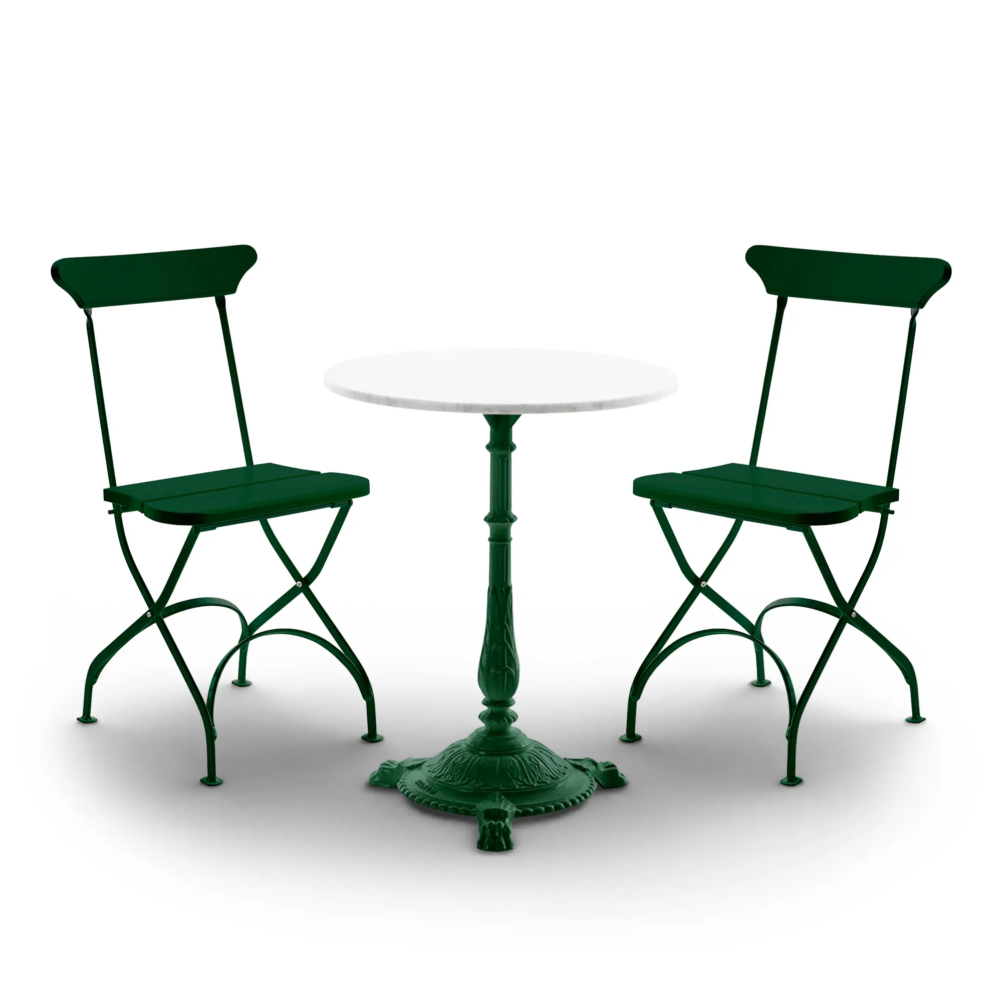 Classic No. 2 trädgårdsstolar 2 st & Classic cafébord Ø50 cm – Carrara marmor och grönlackerad aluminium
