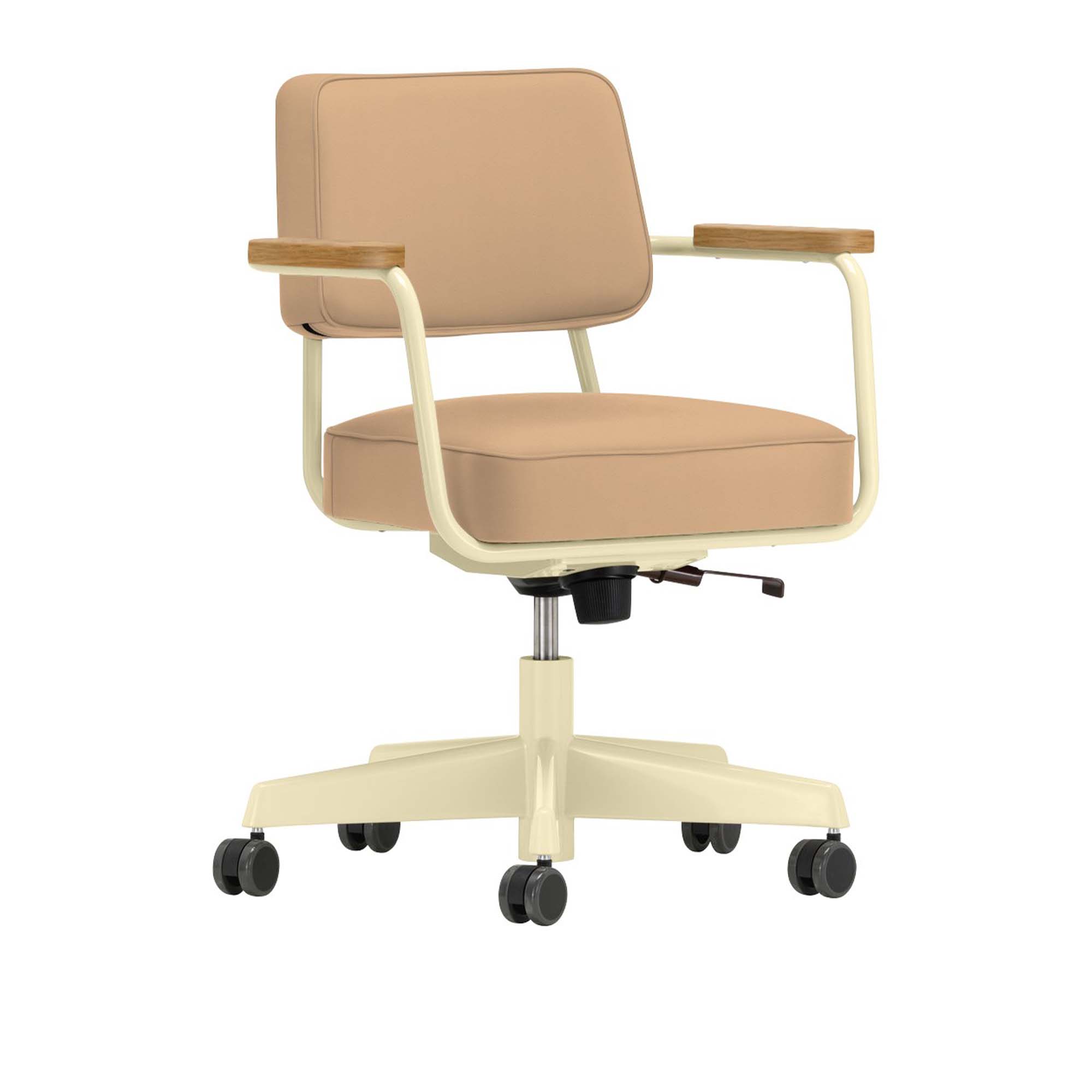 Vitra - Fauteuil Direction Pivotant, Base Ecru, Natural Oak, Leather Premium Cat. L40 Col. 63 Cashew - Skrivbordsstolar - Jean Prouvé - Beige
