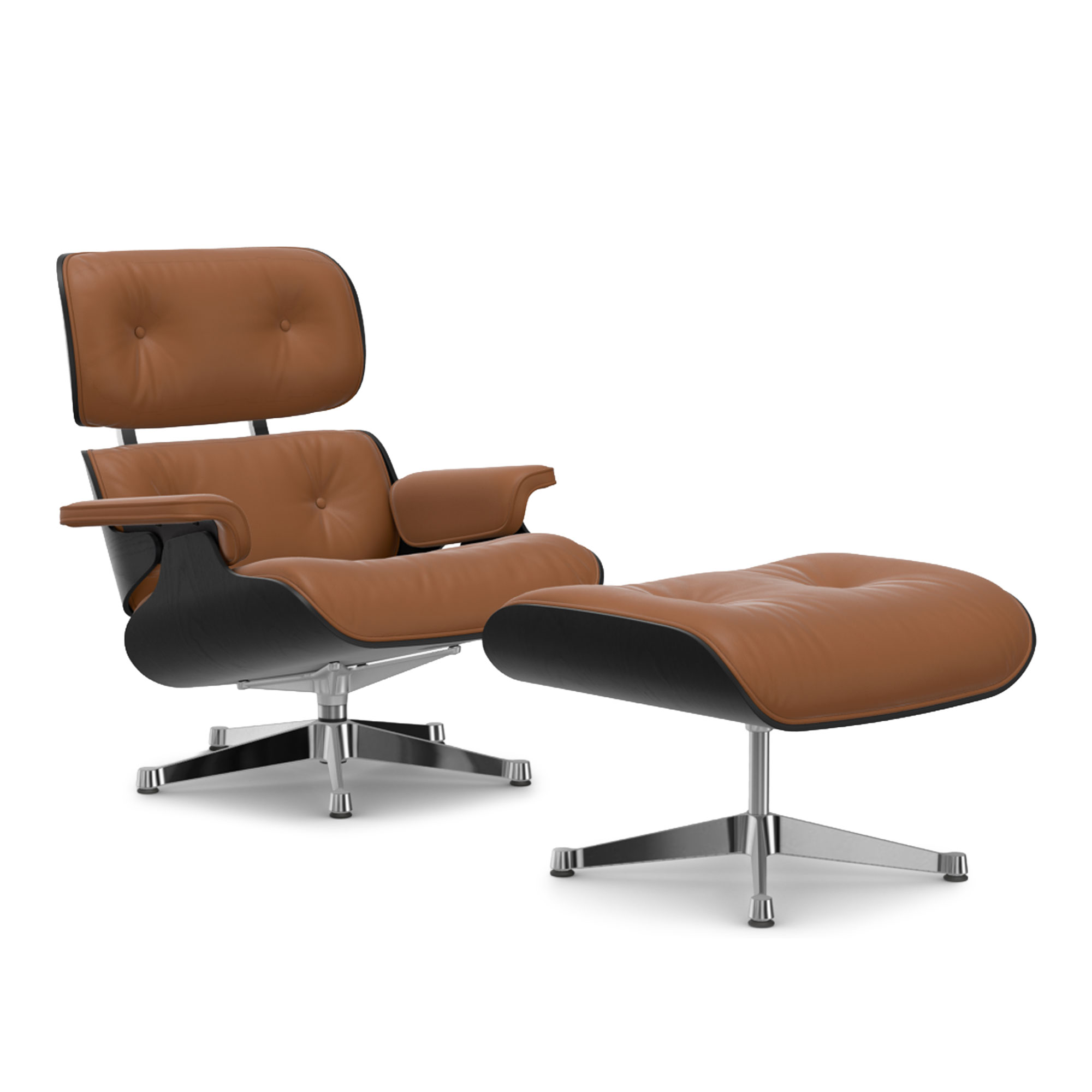 Vitra - Eames Lounge Set Black Chestnut Leather Premium Cognac 97 Polished Aluminium - Fåtöljer - Charles & Ray Eames - Brun | Möbler - Fåtöljer Och Puffar - Fåtöljer | Möbelexperten