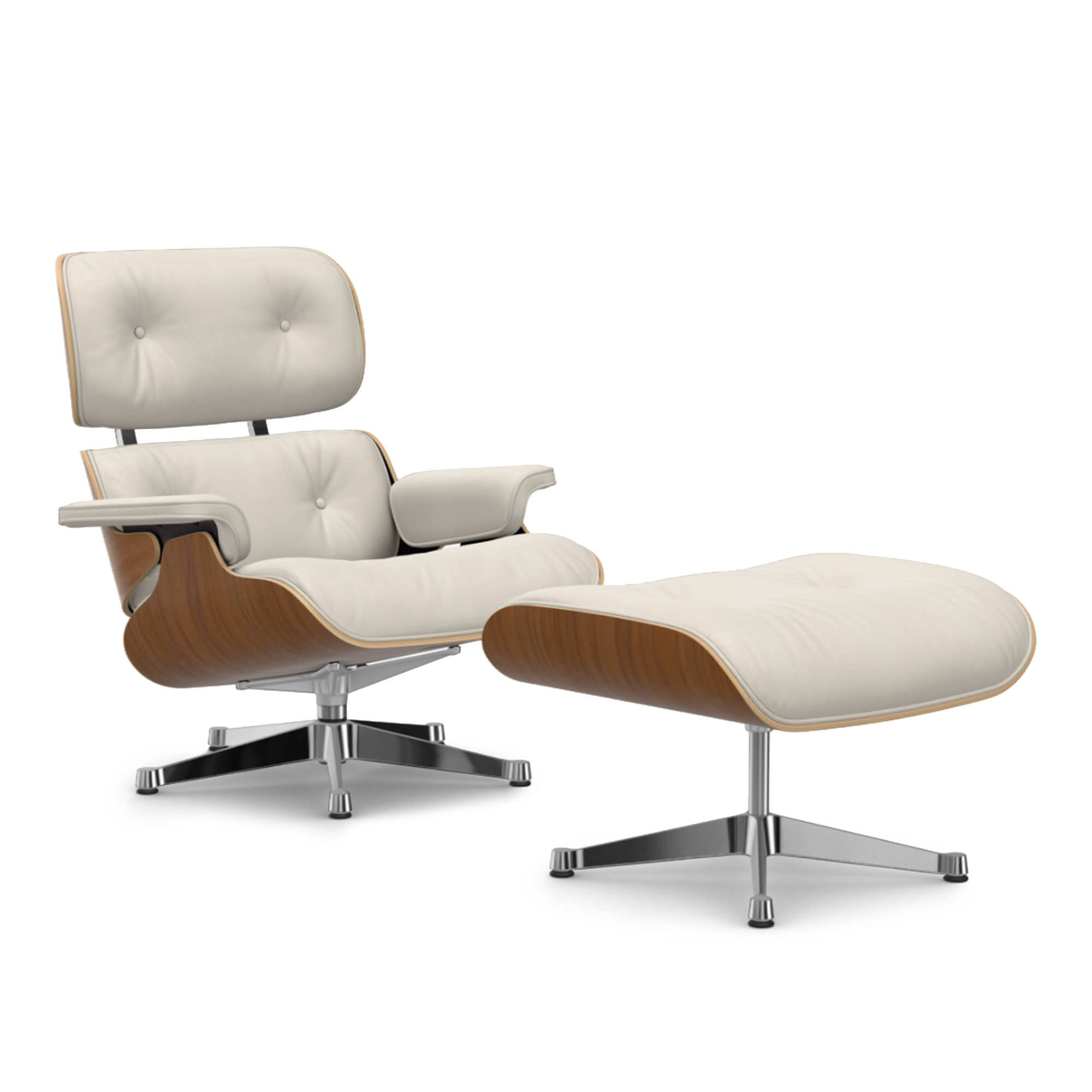 Vitra - Eames Lounge Set Natural Walnut Leather Premium Snow 72 Polished Aluminium - Fåtöljer - Charles & Ray Eames - Vit | Möbler - Fåtöljer Och Puffar - Fåtöljer | Möbelexperten