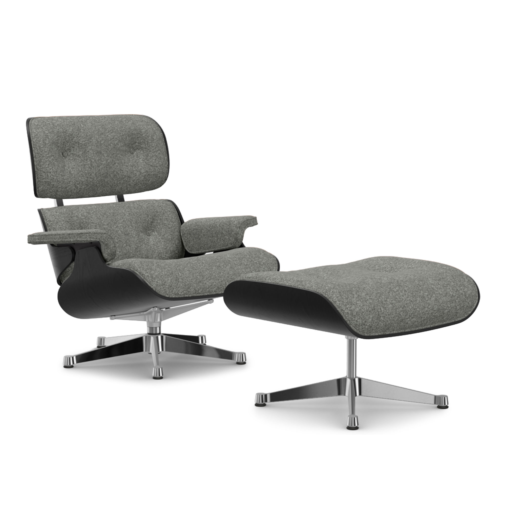 Vitra - Eames Lounge Set Black Chestnut Nubia Salt’N Pepper 10 Polished Aluminium - Fåtöljer - Charles & Ray Eames - Grå | Möbler - Fåtöljer Och Puffar - Fåtöljer | Möbelexperten