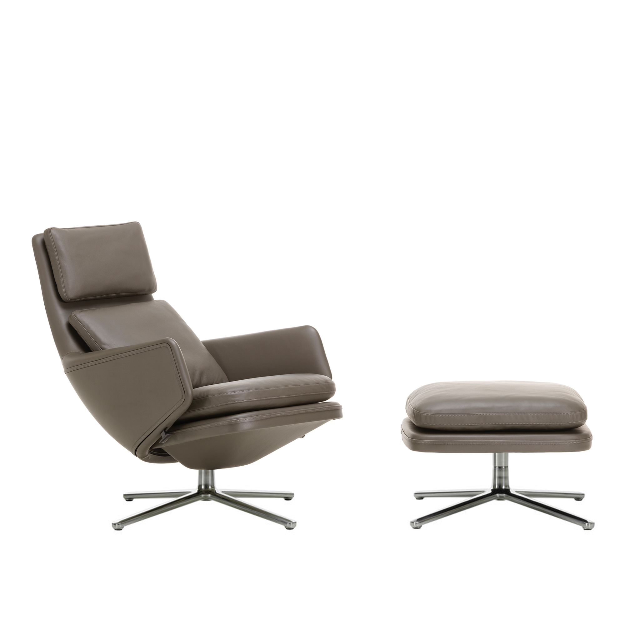 Vitra - Grand Relax + Ottoman Low, Aluminium Polished Base, Back/Seat Leather Premium Umbra Grey, Felt Glides For Hard Floor - F&aring;t&ouml;ljer - Antonio Citterio - Gr&aring; - Dun/MDF/L&auml;der/Metall/Syntetiskt/Skum