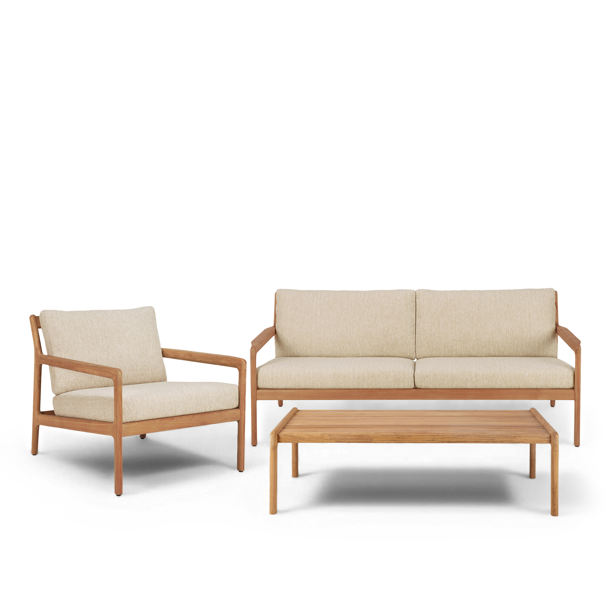 Ethnicraft - Jack Teak 2-sitssoffa utomhus, Jack Teak utomhusfåtölj & Jack Teak utomhussoffbord 120 cm – Natural - Loungegrupper utomhus - Jacques Deneef - Trä/Textilmaterial/Skum | Utemöbler - Utegrupper - Loungegrupper Utomhus | Möbelexperten