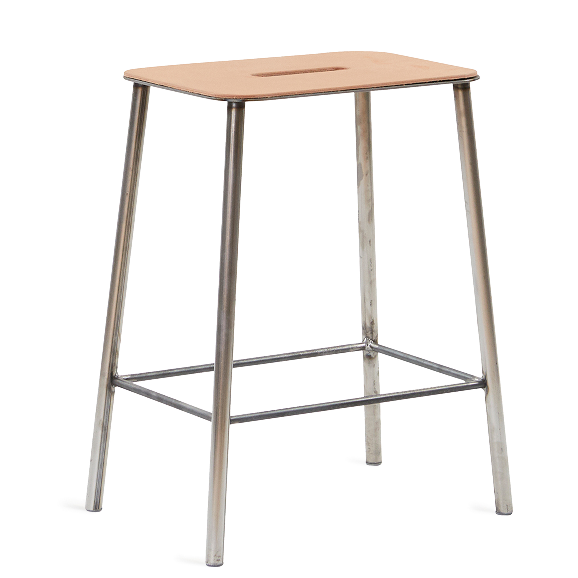 Frama - Adam Stool – Raw Steel / Natural Leather – H50 - Pallar - Toke Lauridsen - Silver,Beige - Läder/Metall | Möbler - Stolar Och Pallar - Pallar | Möbelexperten