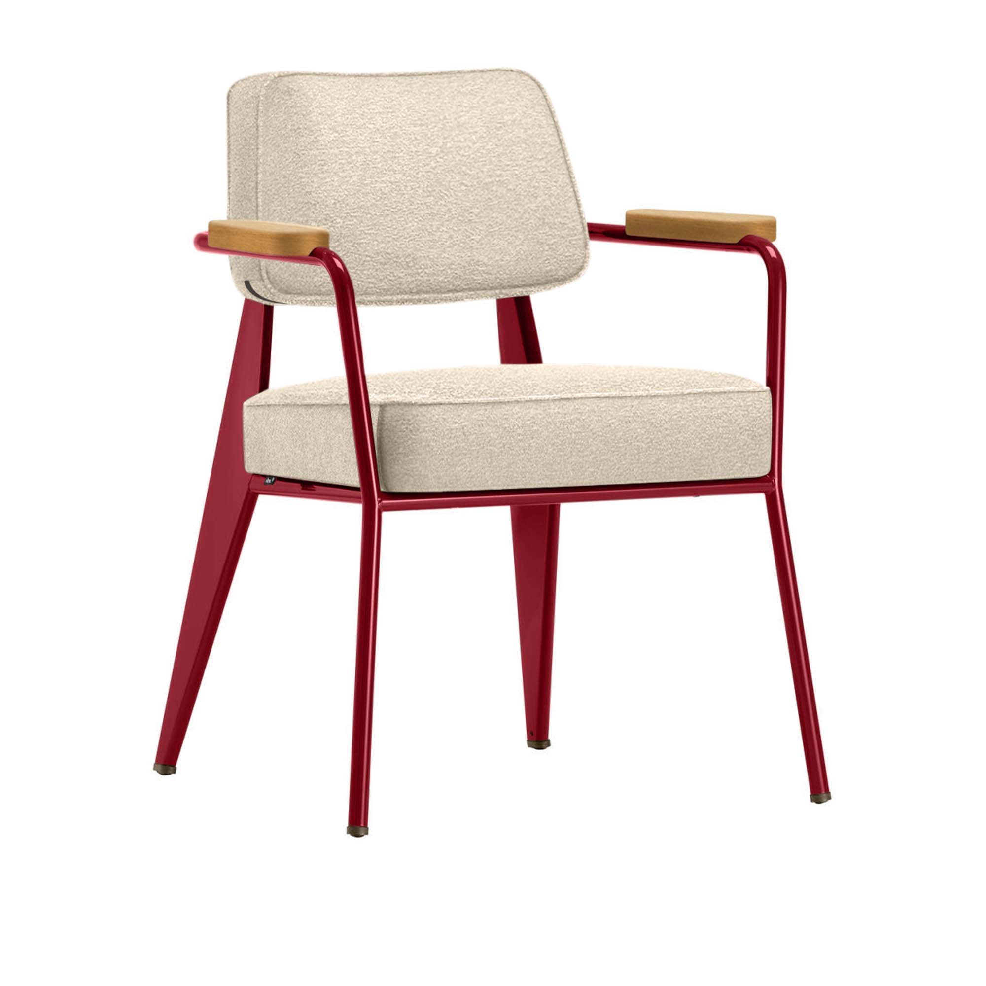 Vitra - Fauteuil Direction, Natural Oak, Base Japanese RedFabric Cat. F100 Nubia Col. 02 Cream/Perle - Matstolar - Jean Prouvé - Beige - Metall/Trä/Textilmaterial/Skum