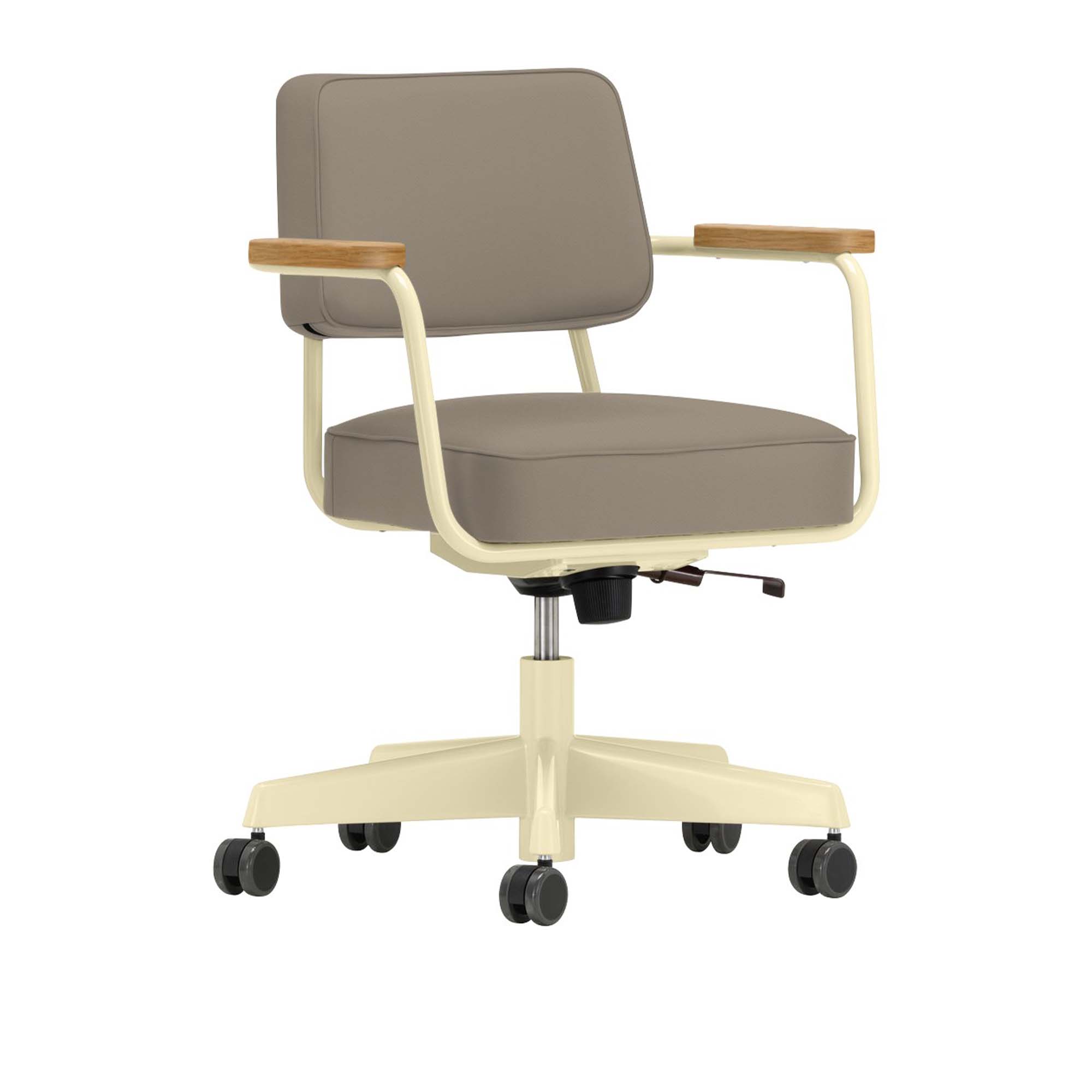 Vitra - Fauteuil Direction Pivotant, Base Ecru, Natural Oak, Leather Premium Cat. L40 Col. 71 Sand - Skrivbordsstolar - Jean Prouvé - Beige