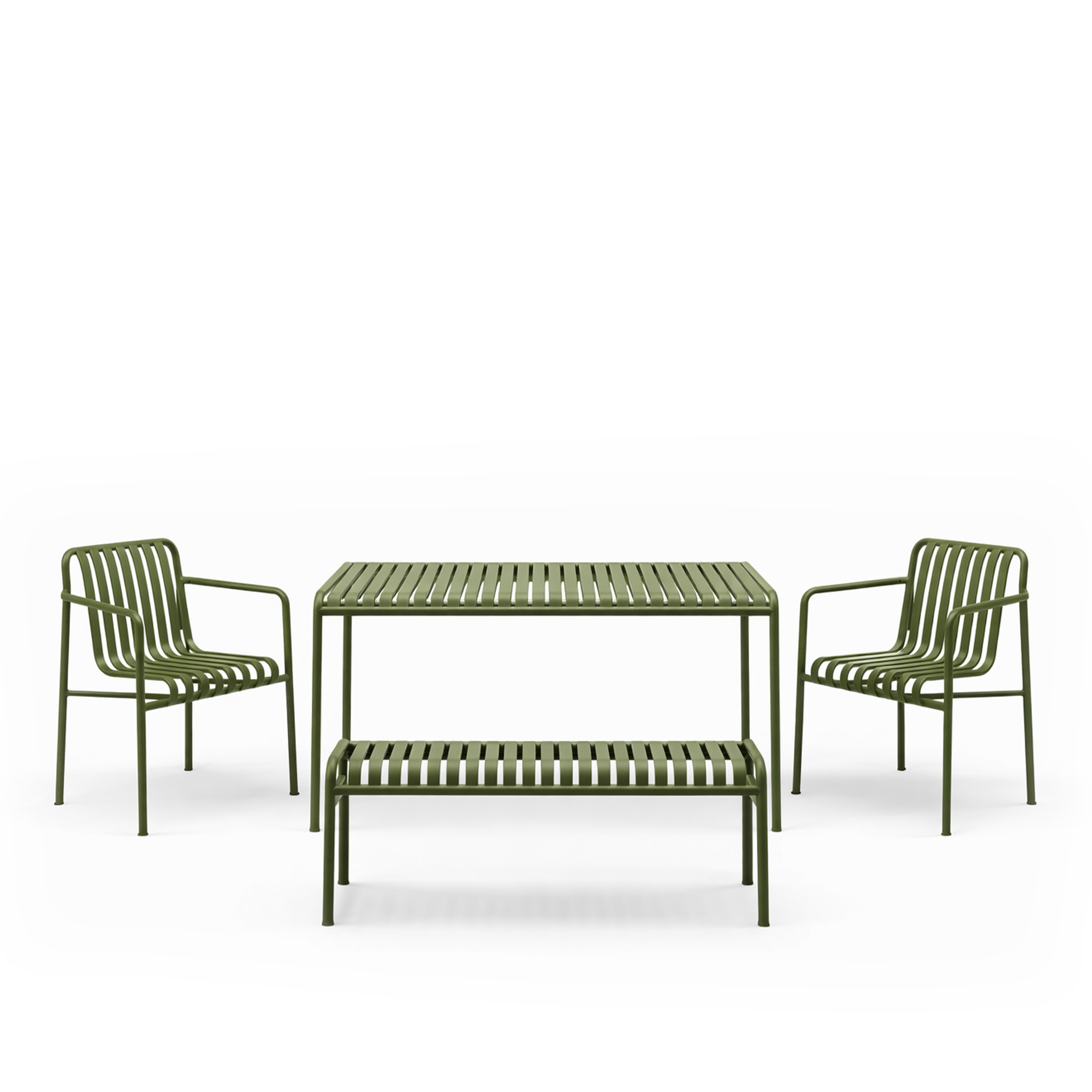 HAY - Palissade matbord utomhus 170 x 90 cm, karmstol utomhus 2 st & trädgårdsbänk – Olive - Matgrupper utomhus - Metall | Utemöbler - Utegrupper - Matgrupper Utomhus | Möbelexperten