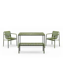 Palissade eettafel voor buiten, 2 buitenstoelen en een tuinbank