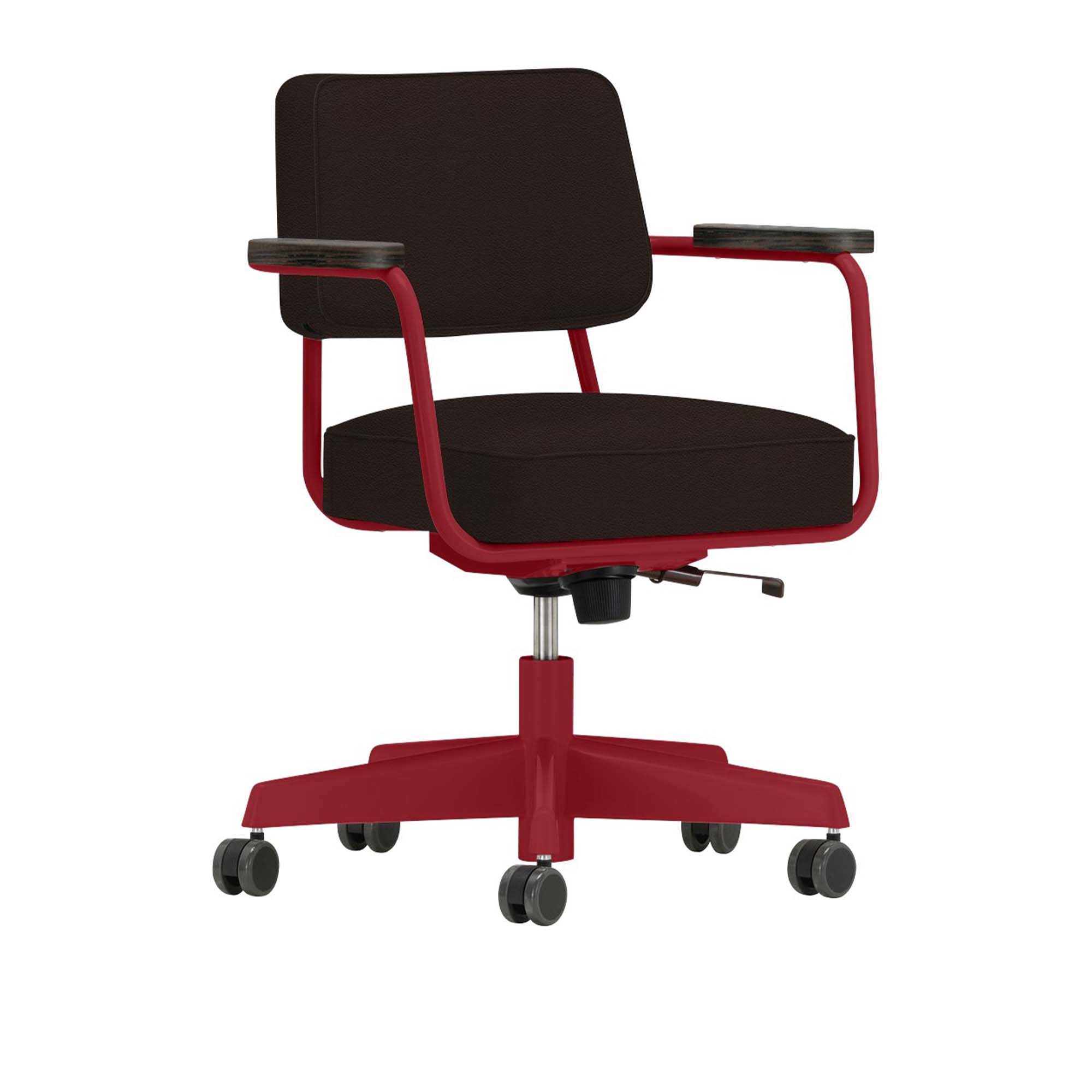 Vitra - Fauteuil Direction Pivotant, Base Japanese Red, Dark Oak, Leather Premium Cat. L40 Col. 68 Chocolate - Skrivbordsstolar - Jean Prouvé - Brun