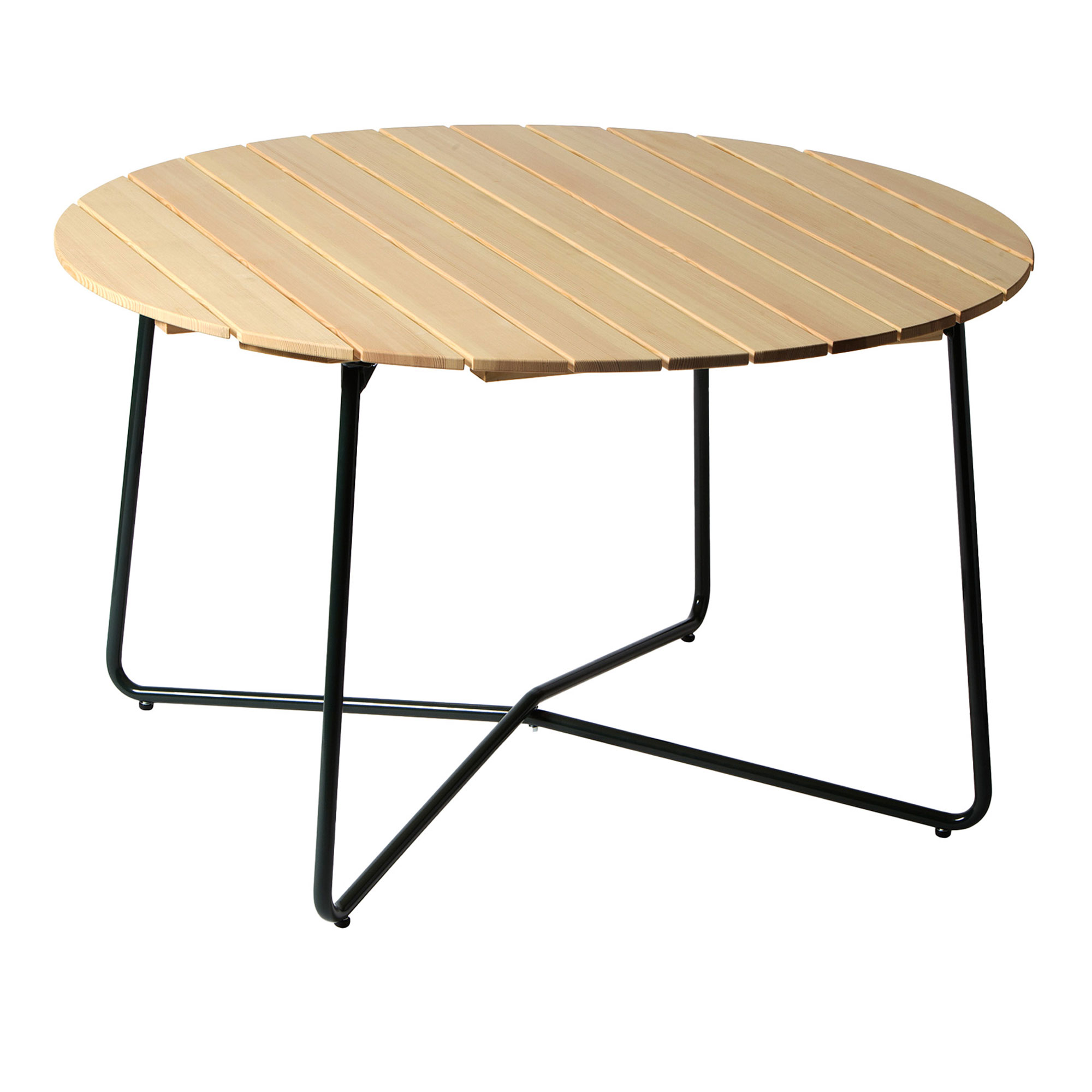 Grythyttan Stålmöbler - Bord 9A Ø120 cm Oljad furu / Grönt stativ - Matbord utomhus | Utemöbler - Utebord - Matbord Utomhus | Möbelexperten