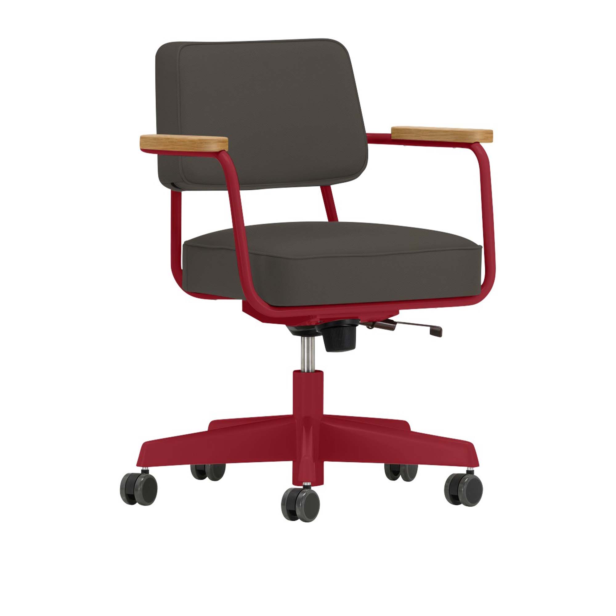 Vitra - Fauteuil Direction Pivotant, Natural Oak, Base Japanese Red, Leather Premium Cat. L40 Col. 61 Umbra Grey - Skrivbordsstolar - Jean Prouvé - Grå